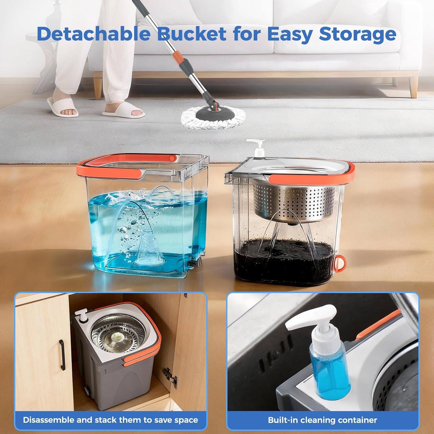 Detachable Bucket for Easy Storage

Disassemble and stack them to save space

Built-in cleaning container