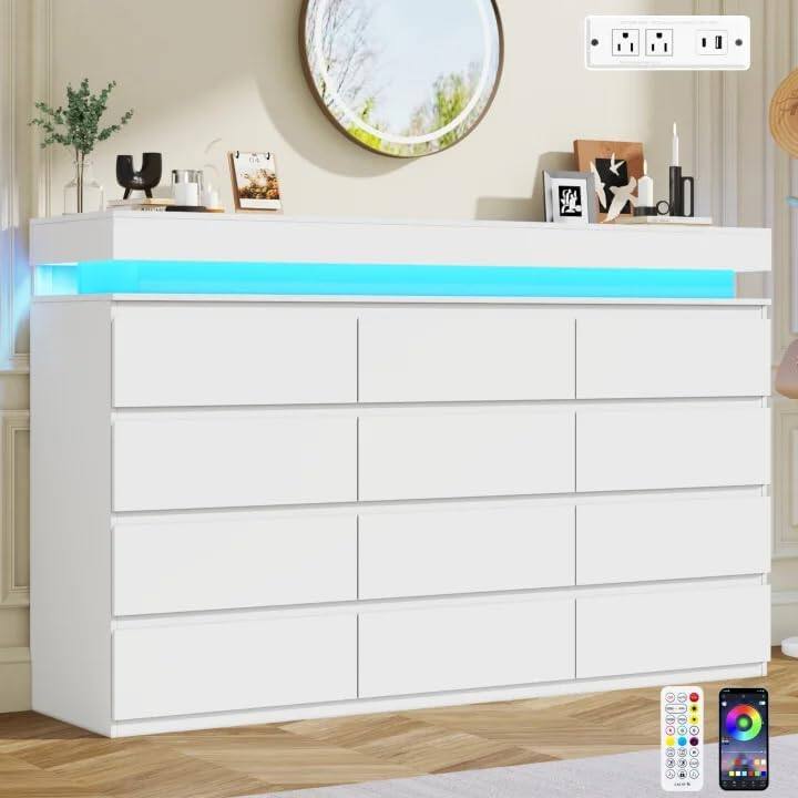 Angle. Espafurni - 70"LED Dresser with 12 Drawers for Bedroom, Closet & Living Room - White.