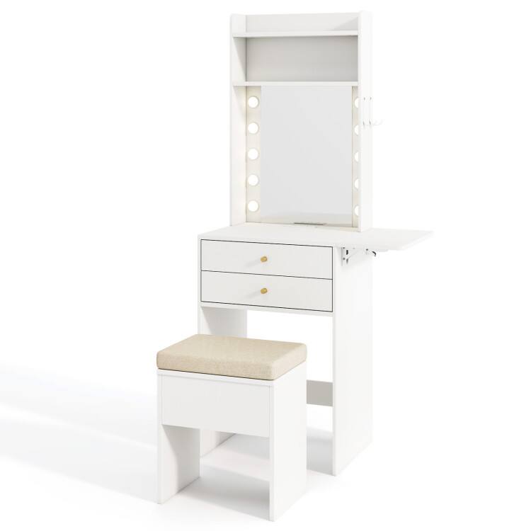 Front. SlickBlue - 3-Color LED Vanity Desk with Mirror and Power Outlets for Charging - White.