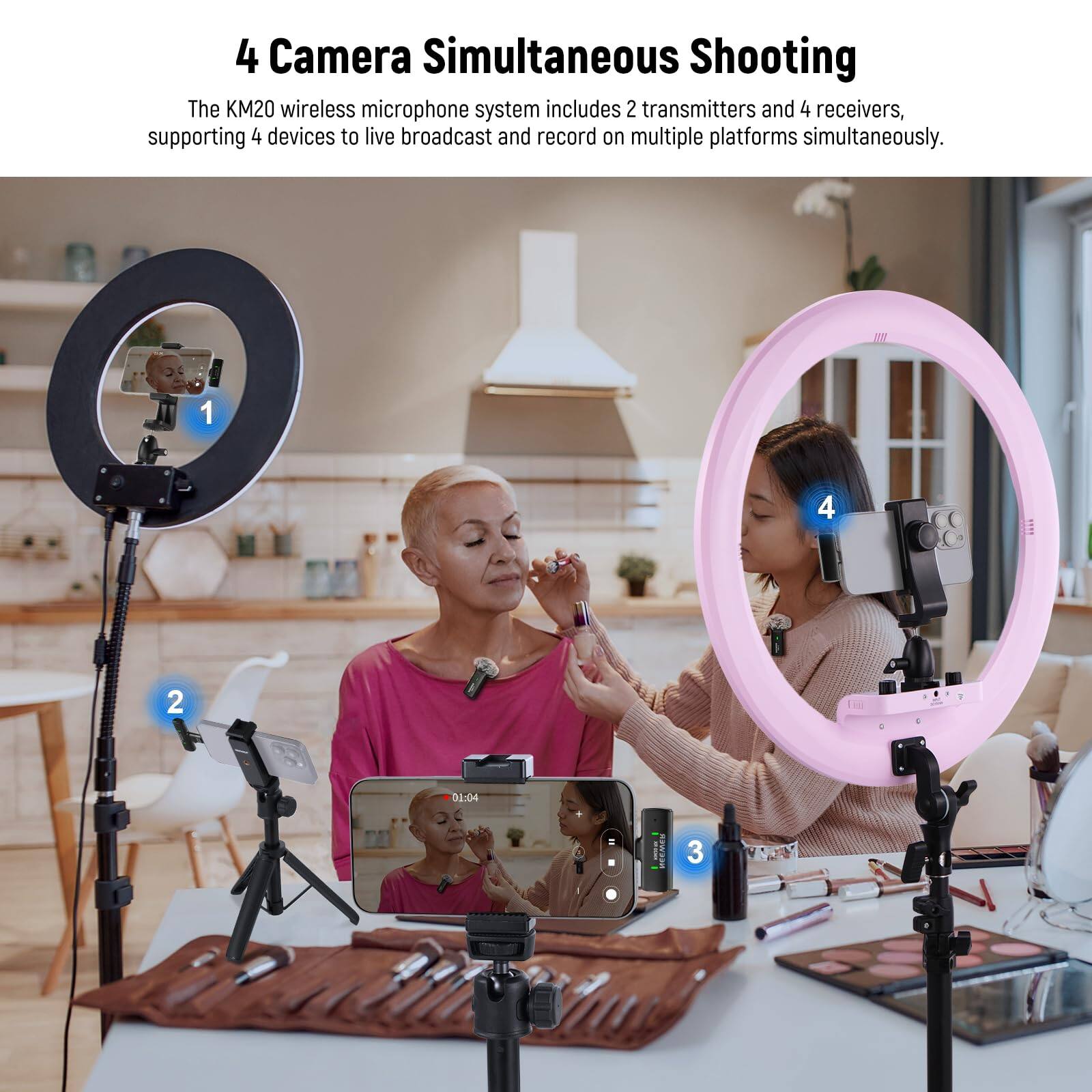 4 Camera Simultaneous Shooting

The KM20 wireless microphone system includes 2 transmitters and 4 receivers, supporting 4 devices to live broadcast and record on multiple platforms simultaneously.