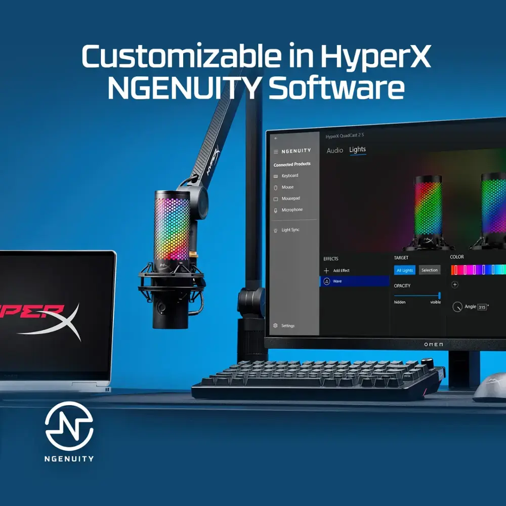 Zoom in on Customizable in HyperX NGENUITY Software. Can't connect product to keyboard - mouse QuadCast. TypeX Audio Lights Mouspad Microphone Light Sunc EFFECTS TARGAT COLOR + Ads ifect A Laghes Selcition - OPACITY PER Setliegs Idade muble Angle 115 OMEN Snd NGENUITY.