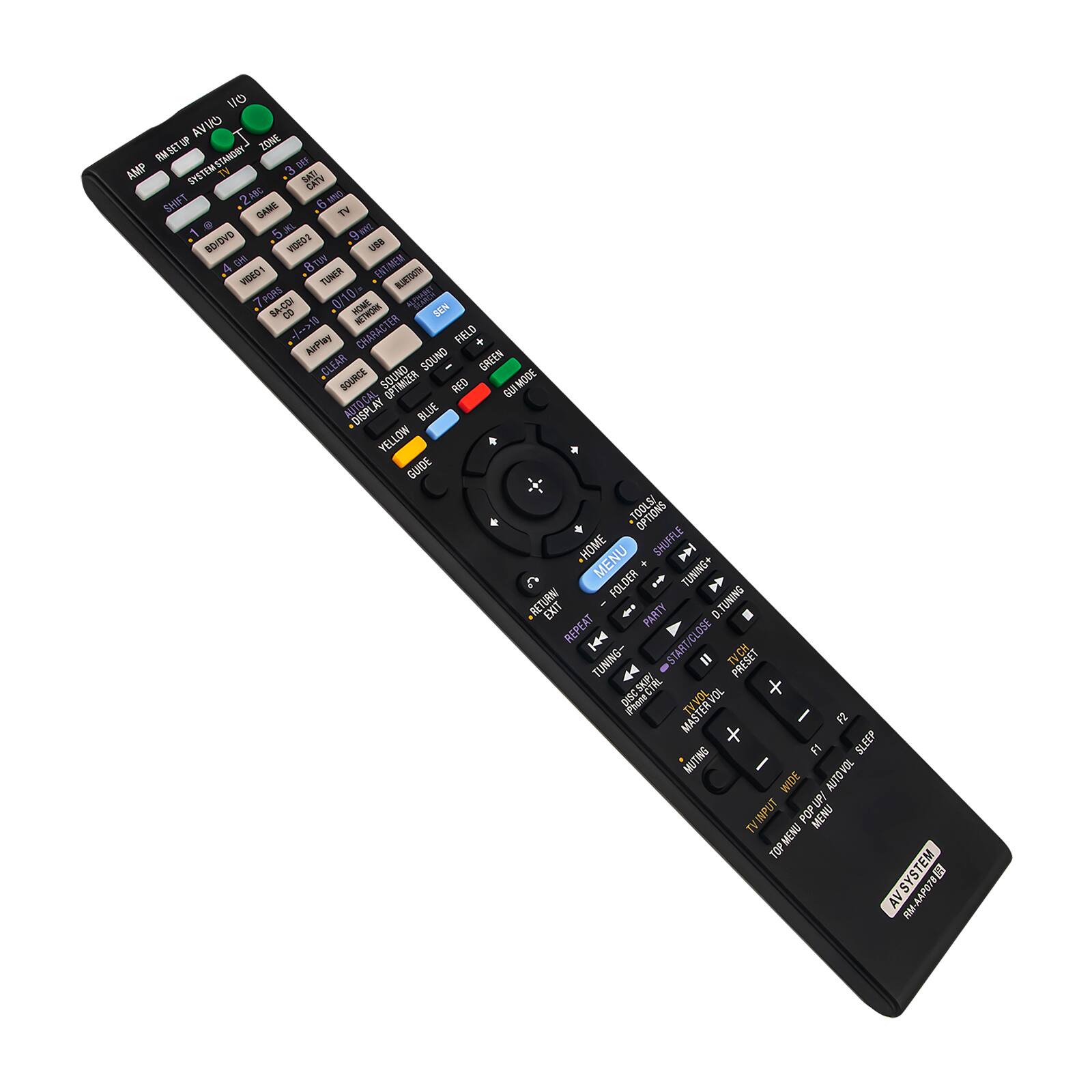1/0 VANO ZONE RM SET UP SYSTEM STANDBY 3 DER AMP SATI CATV SHIFT 2 ABC 9 MNO GAME TV 5 JKL 9 ZAKE BD/DVD VIDEOZ USB .4 GHI 8TUV ENT/MEM VIDEO1 TUNER BLUETOOTH 7PQRS SA-CDI CO 0/10 HOME NETWORK ALPHAKET SEN // AirPlay CHARACTER FIELD + CLEAR SOUND SOUND GREEN SOURCE RED GUI MODE DISPLAY BLUE YELLOW GUIDE TOOLS/ OPTIONS HOME MENU SHUFFLE  FOLDER TUNING+ -RETURNA PARTY D. TUNING REPEAT START/CLOSE TUNING- TVCH PRESET 27 auougi TV VOL F2 X SLEEP F1 MUTING / WIDE AUTOVOL TV INPUT POP UP/ MENU TOPMENU TOP AV SYSTEM