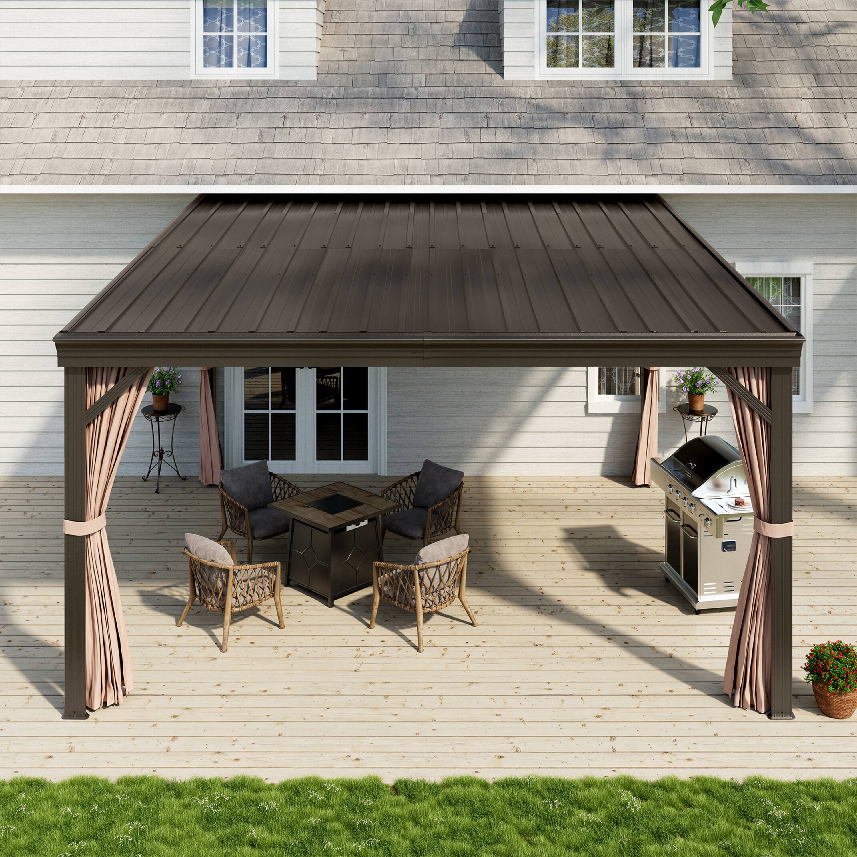 Angle. Mondawe - 12x14 ft Wall-Mounted Hardtop Gazebo with Aluminum Frame, Galvanized Steel Roof, Sunroom, Curtain, and Netting - Black.