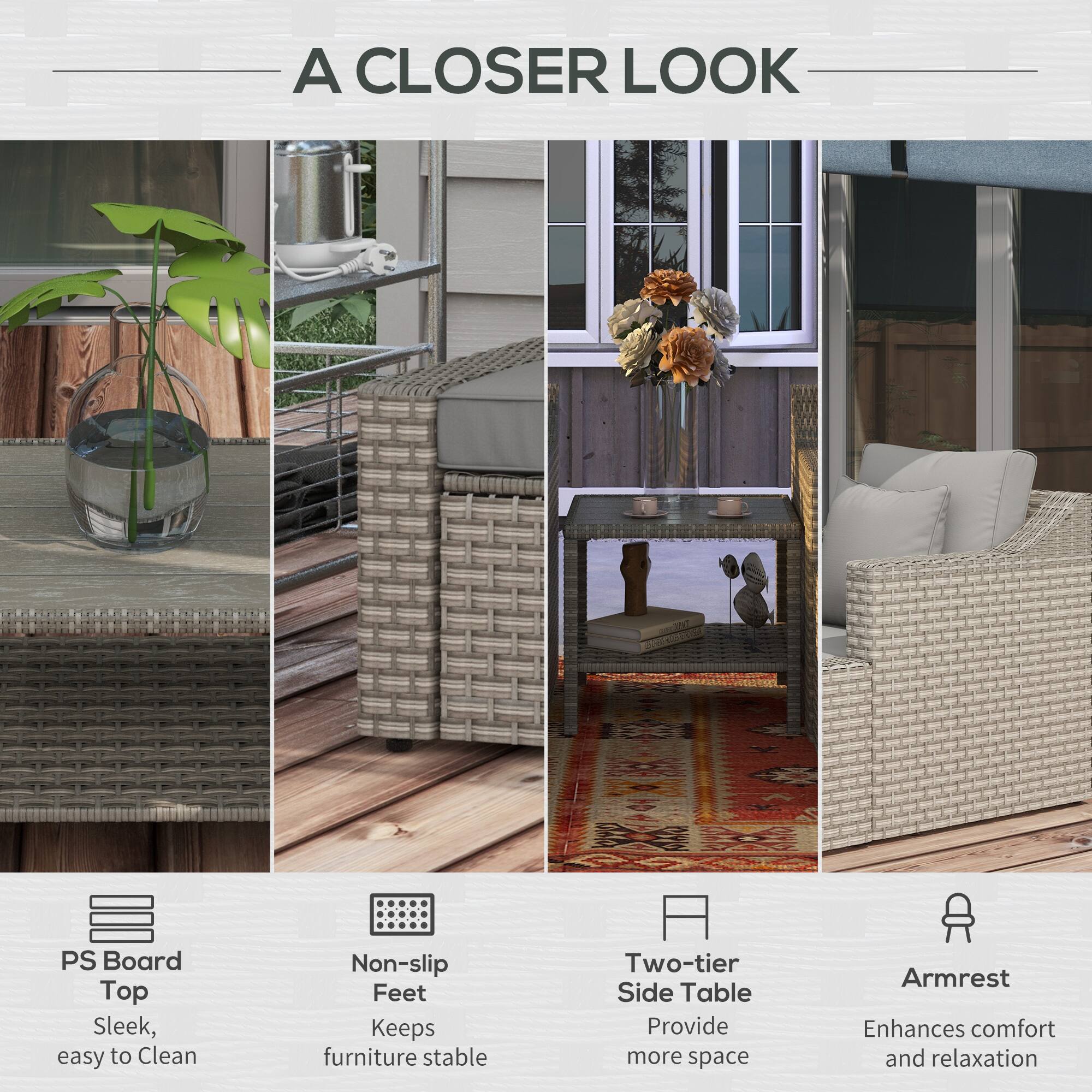 A Closer Look

- PS Board Top
  - Sleek, easy to Clean

- Non-slip Feet
  - Keeps furniture stable

- Two-tier Side Table
  - Provide more space

- Armrest
  - Enhances comfort and relaxation