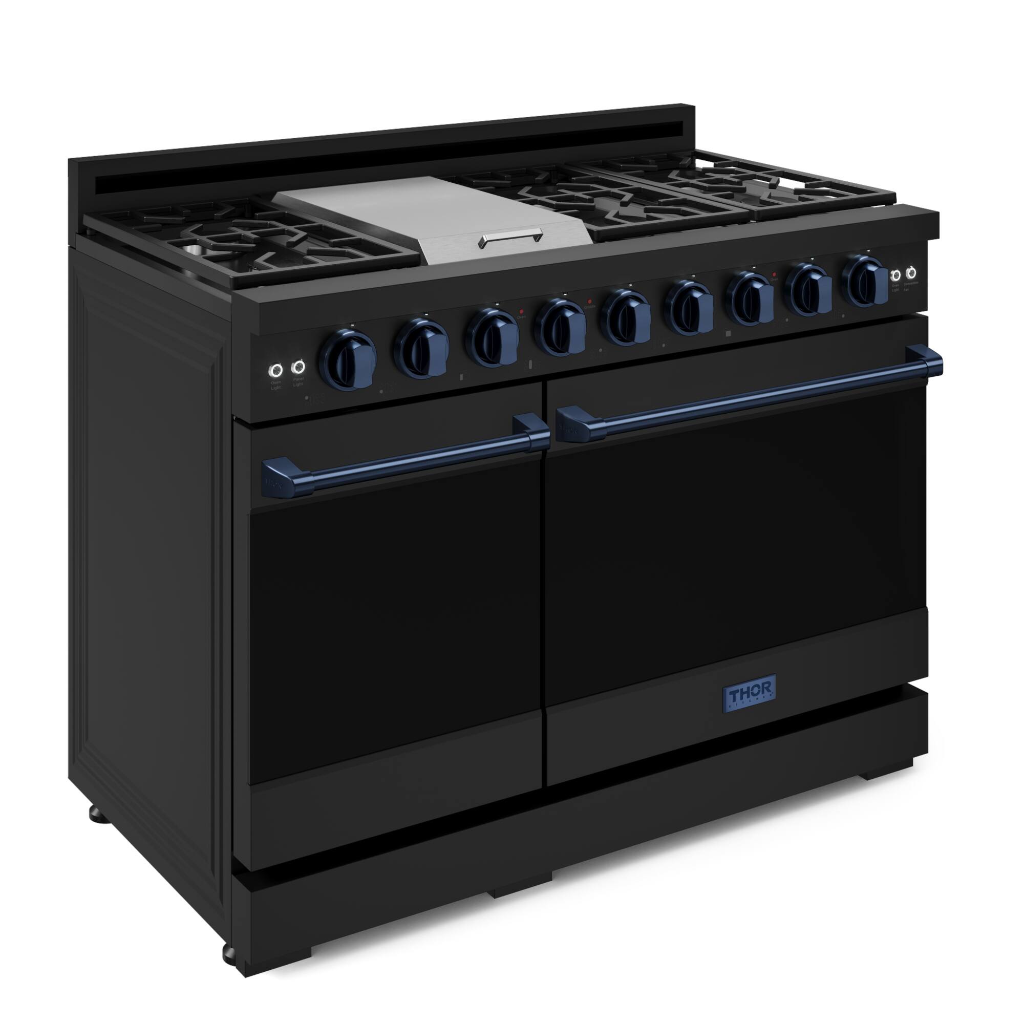 Left. Thor Kitchen - Gordon Ramsay Series by Thor Kitchen 6.8 Cu. Ft Freestanding Liquid Propane Gas Range with Navy Blue Hardware - Black.