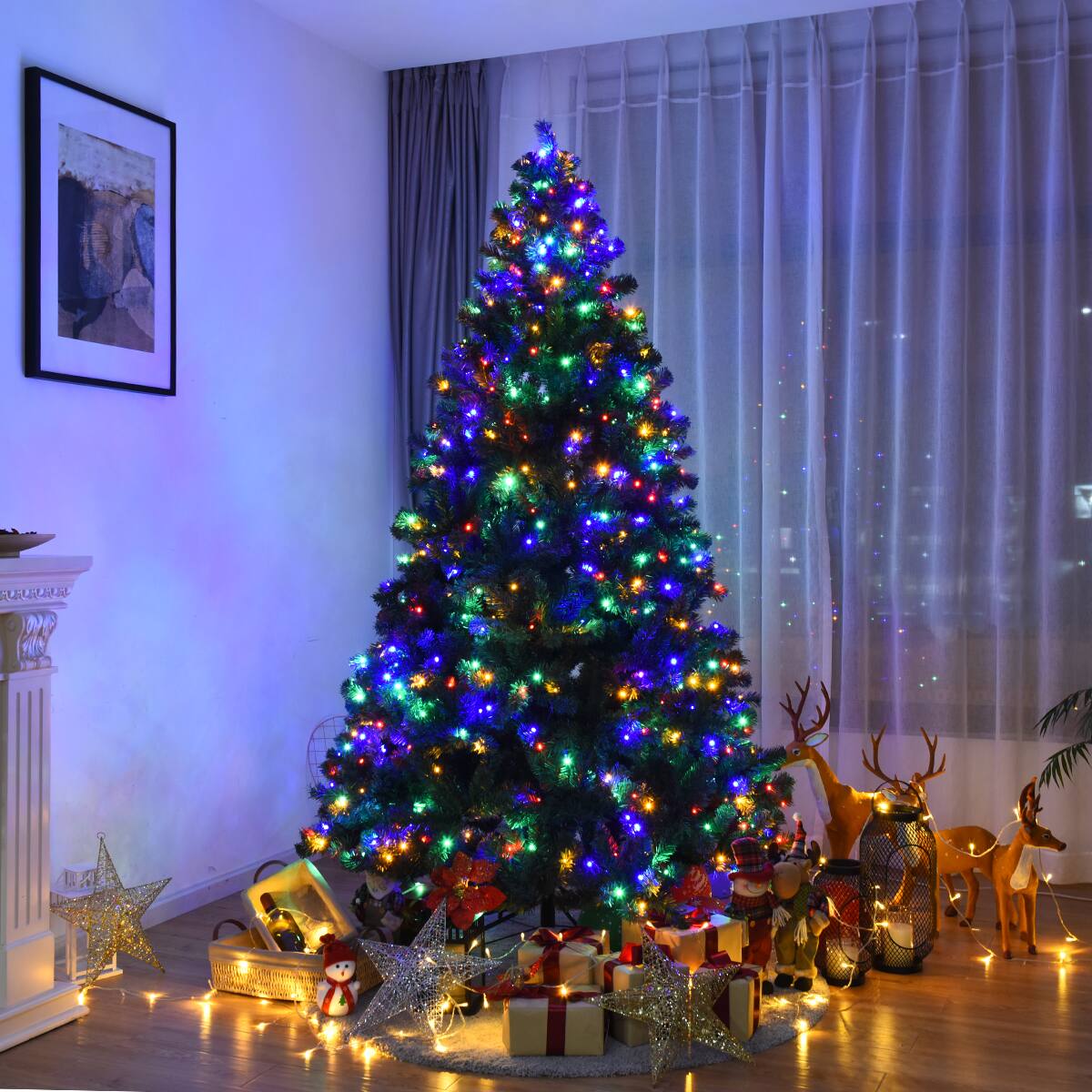 Alt View 12. Costway - 7.5Ft Pre-Lit Christmas Tree Hinged 550 Multicolor Lights - Green.