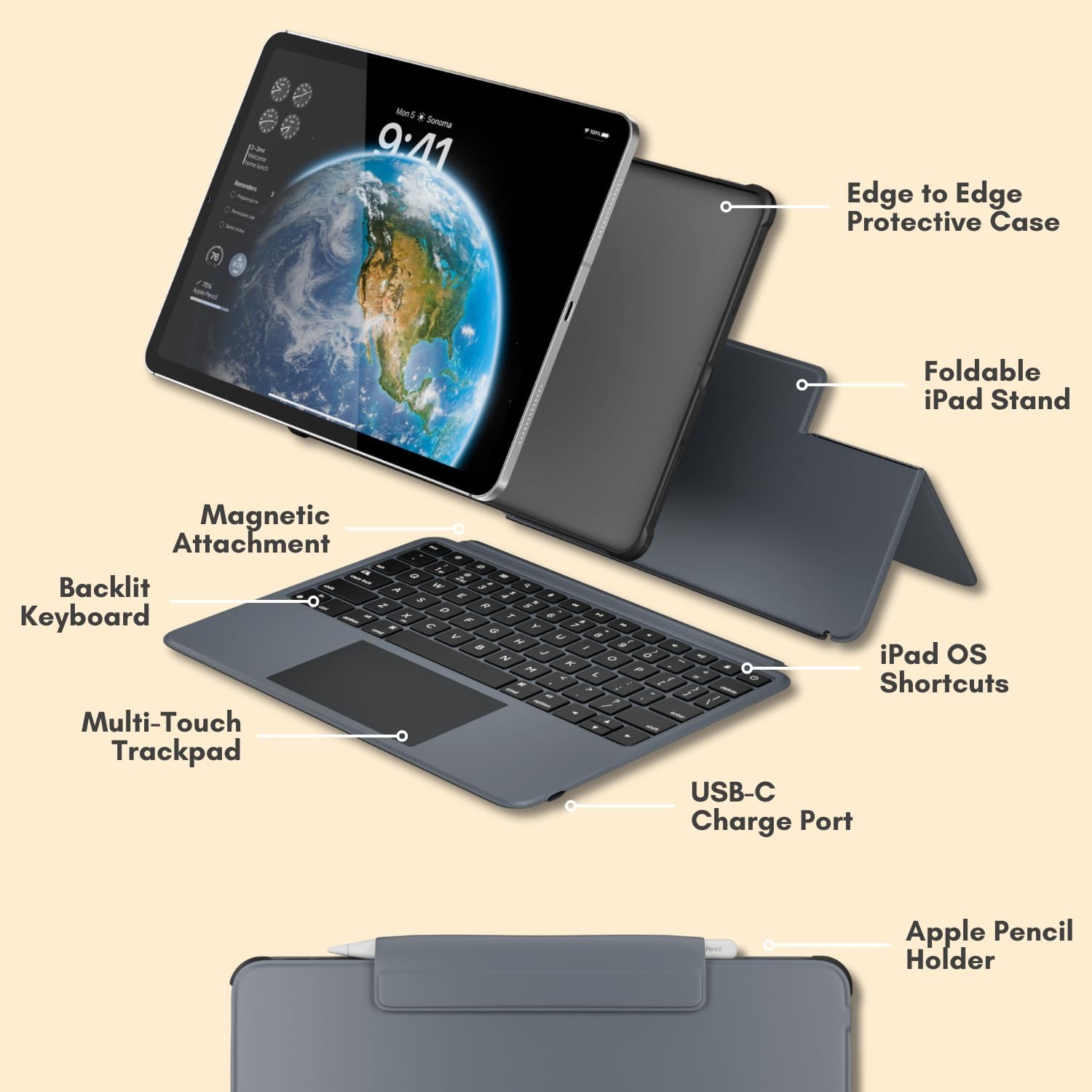 - Edge to Edge Protective Case
- Foldable iPad Stand
- Magnetic Attachment
- Backlit Keyboard
- Multi-Touch Trackpad
- iPad OS Shortcuts
- USB-C Charge Port
- Apple Pencil Holder