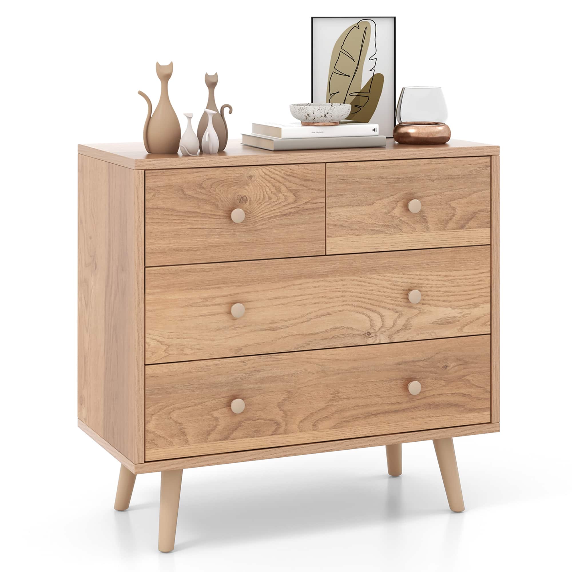 Gymax - 4-Drawer Dresser Chest Cabinet Storage Organizer Rubber Leg W/Anti-Toppling Kits - Natural