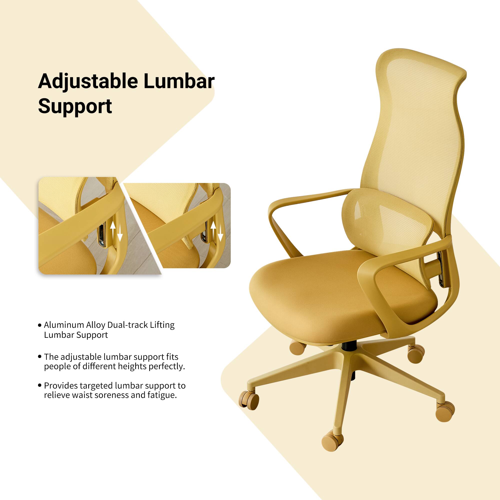 Adjustable Lumbar Support Aluminum Alloy Dual-track Lifting Lumbar Support

- The adjustable lumbar support fits people of different heights perfectly.
- Provides targeted lumbar support to relieve waist soreness and fatigue.