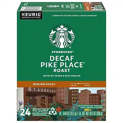 KEURIG GENUINE K-CUP PODS
COMMITTED TO 100% ETHICAL COFFEE SOURCING
STARBUCKS
DECAF PIKE PLACE
ROAST
NOTES OF COCOA & RICH PRALINE
MEDIUM ROAST
STARBUCKS RECYCLABLE
24 K-CUP PODS
DECAFFEINATED GROUND
100% ARABICA COFFEE
24 - 0.44 OZ (12.5 g) / EA
NET WT 10.5 OZ (300 g)