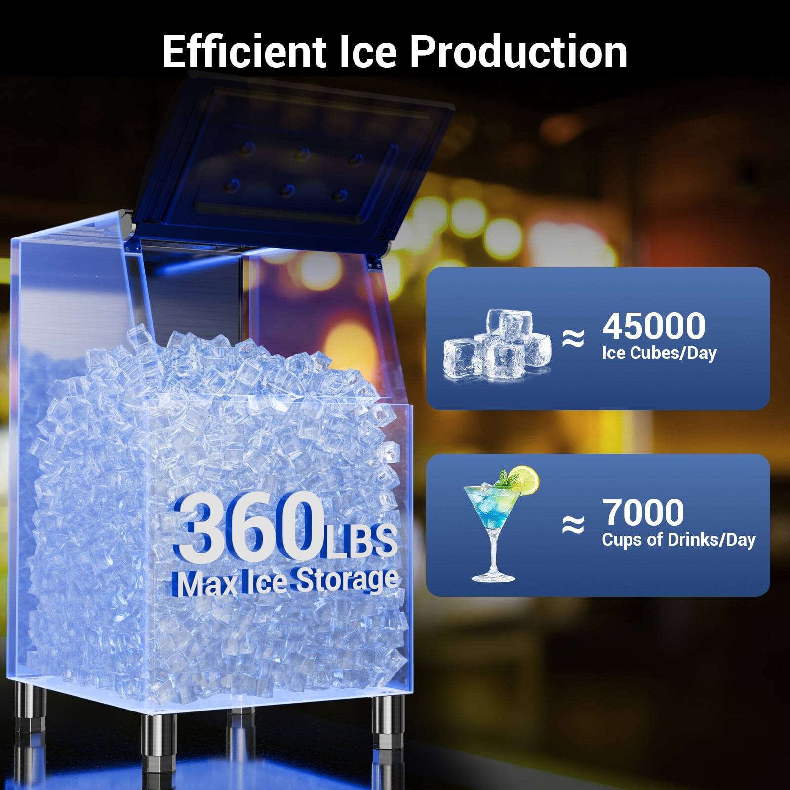 Efficient Ice Production

- 45000 Ice Cubes/Day
- 360 LBS Max Ice Storage
- 7000 Cups of Drinks/Day
