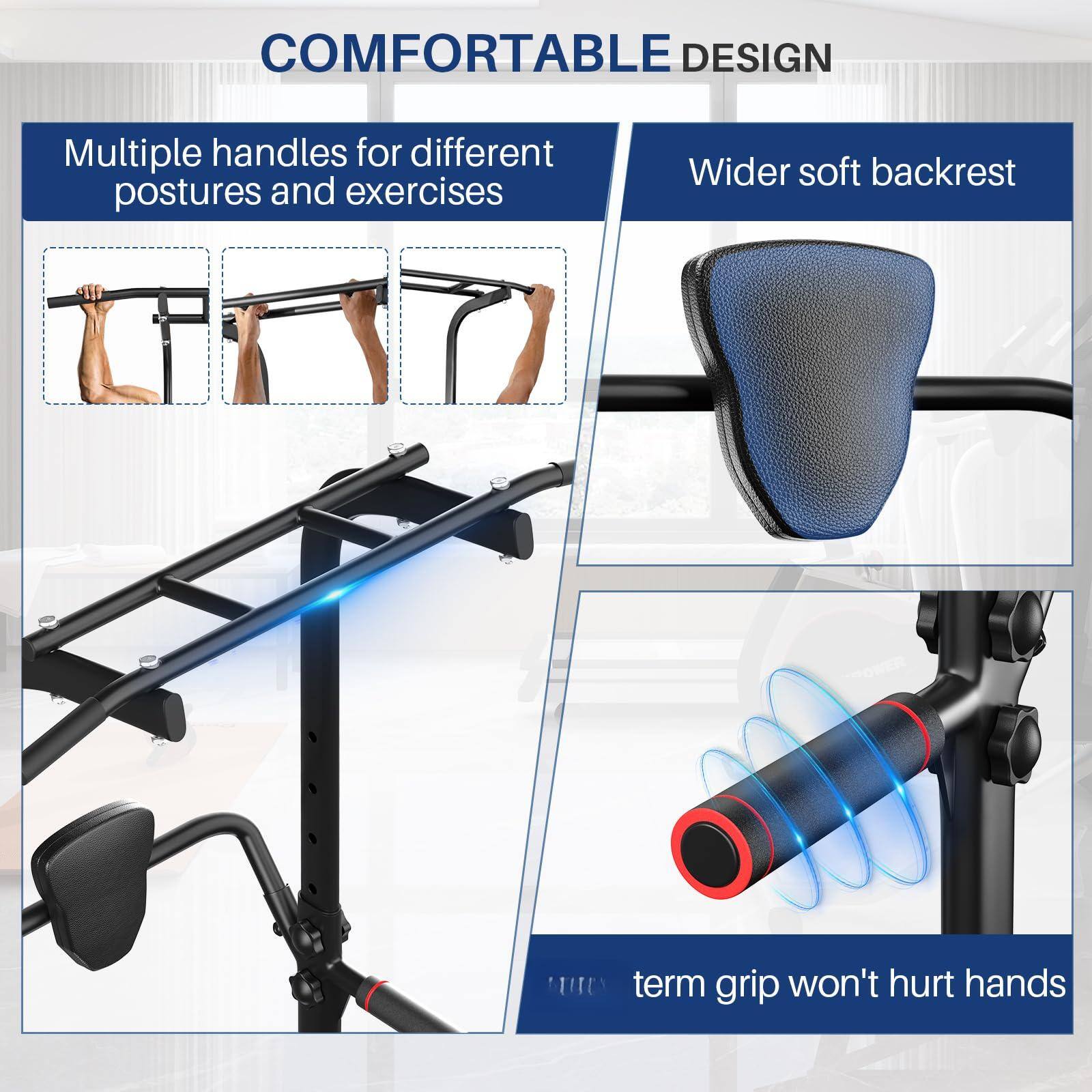 **COMFORTABLE DESIGN**

- Multiple handles for different postures and exercises
- Wider soft backrest
- term grip won't hurt hands