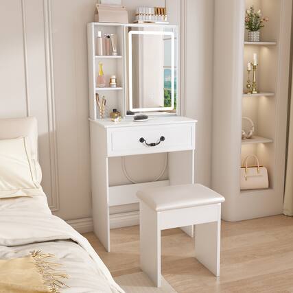 Front. Z-Edge - Vanity Desk with Mirror, LED Light, Makeup Vanity Table with 1 Drawers and 3 Storage Shelves, Dressing Table for Bedroom - White.