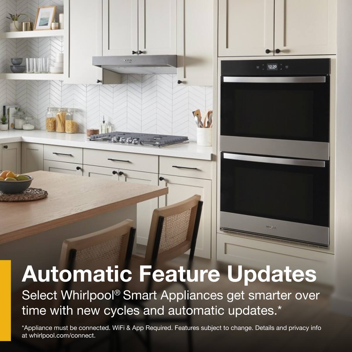 Automatic Feature Updates  
Select Whirlpool® Smart Appliances get smarter over time with new cycles and automatic updates.*  
*Appliance must be connected. WiFi & App Required. Features subject to change. Details and privacy info at whirlpool.com/connect.