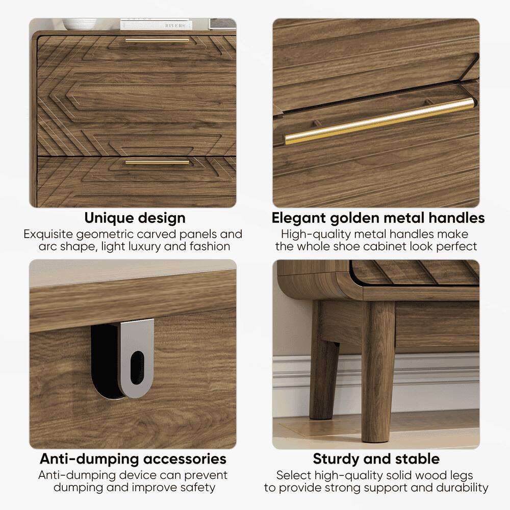 Back. Kadyn - 31.5" Walnut Shoe Cabinet, Mid-Century Modern Freestanding Shoe Cabinet, Freestanding Organizer with 2 Flip-Top Drawers - Brown.