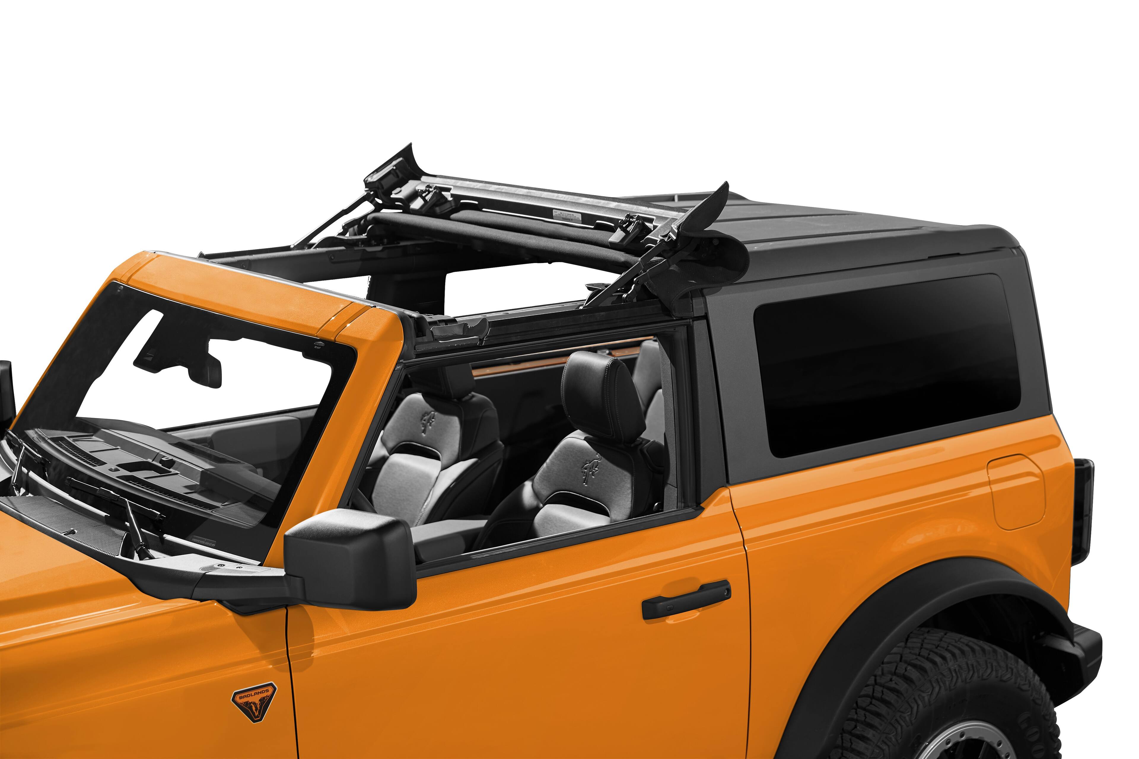 Angle. Bestop - Sunrider for Hardtop - '21-26 Bronco; Bronco Raptor;  2-Door (Premium Blk Twill) - Black.