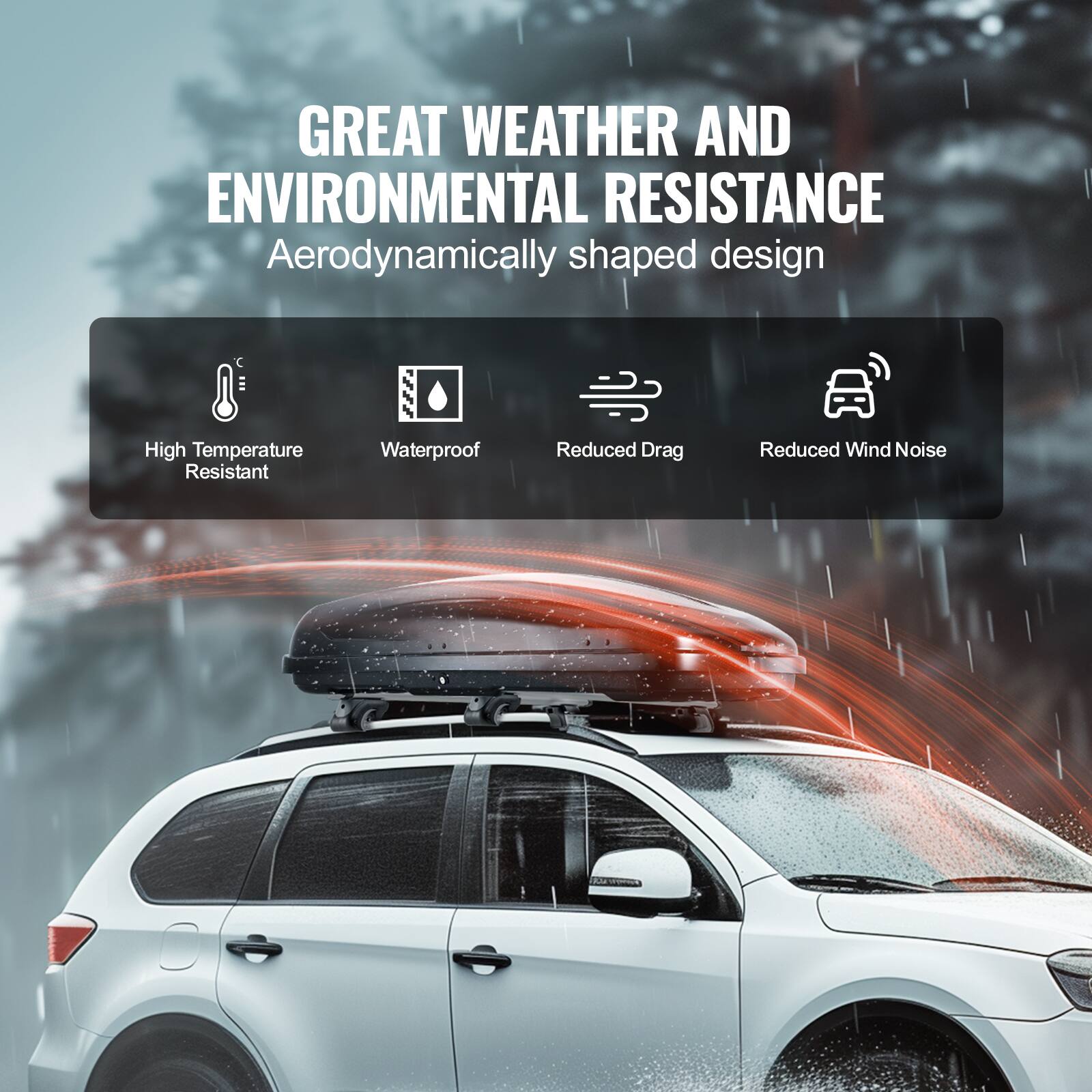 GREAT WEATHER AND ENVIRONMENTAL RESISTANCE  
Aerodynamically shaped design  

- High Temperature Resistant  
- Waterproof  
- Reduced Drag  
- Reduced Wind Noise