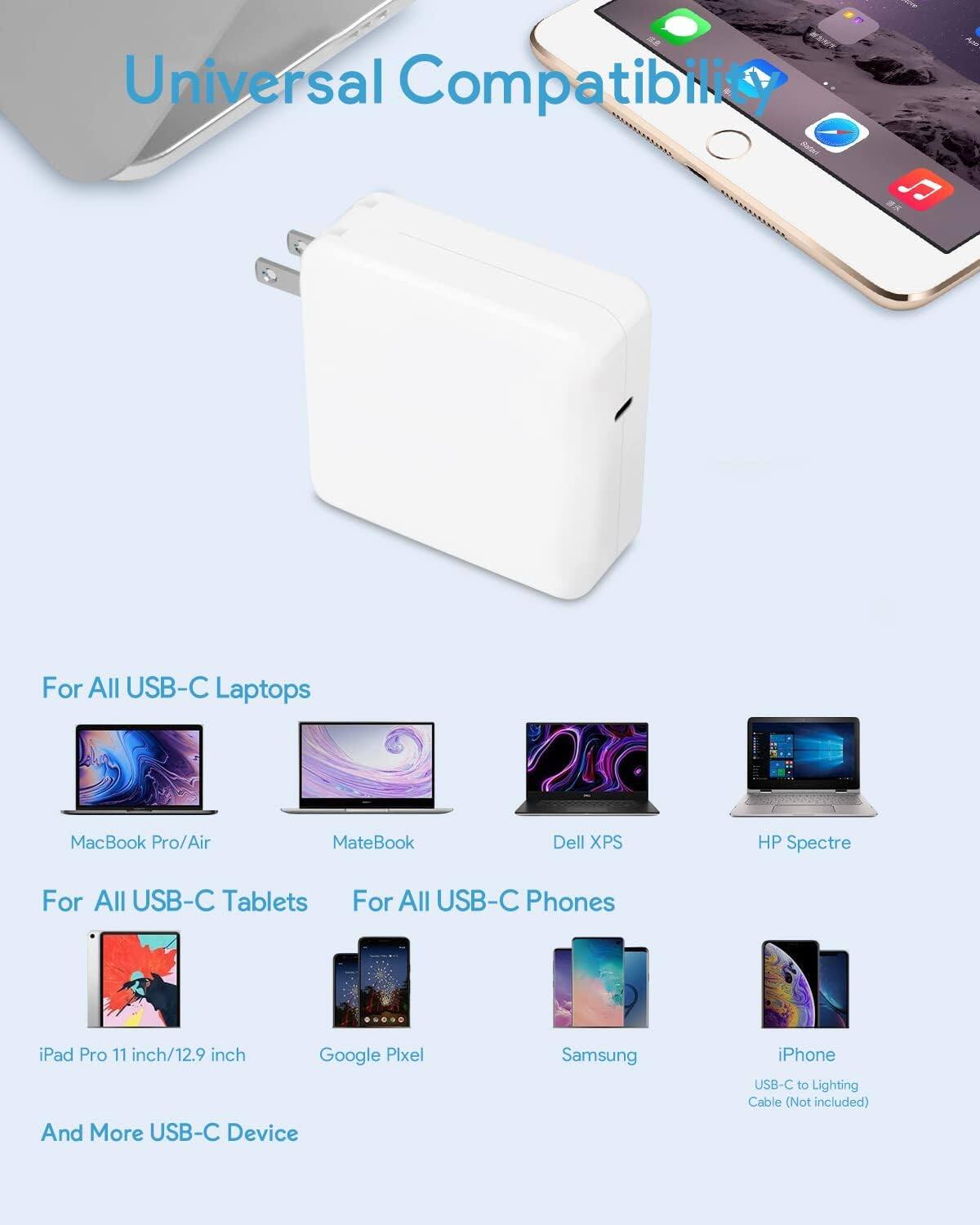 Universal Compatibility

For All USB-C Laptops
- MacBook Pro/Air
- MateBook
- Dell XPS
- HP Spectre

For All USB-C Tablets
- iPad Pro 11 inch/12.9 inch
- Google Pixel

For All USB-C Phones
- Samsung
- iPhone

And More USB-C Device

USB-C to Lightning Cable (Not included)