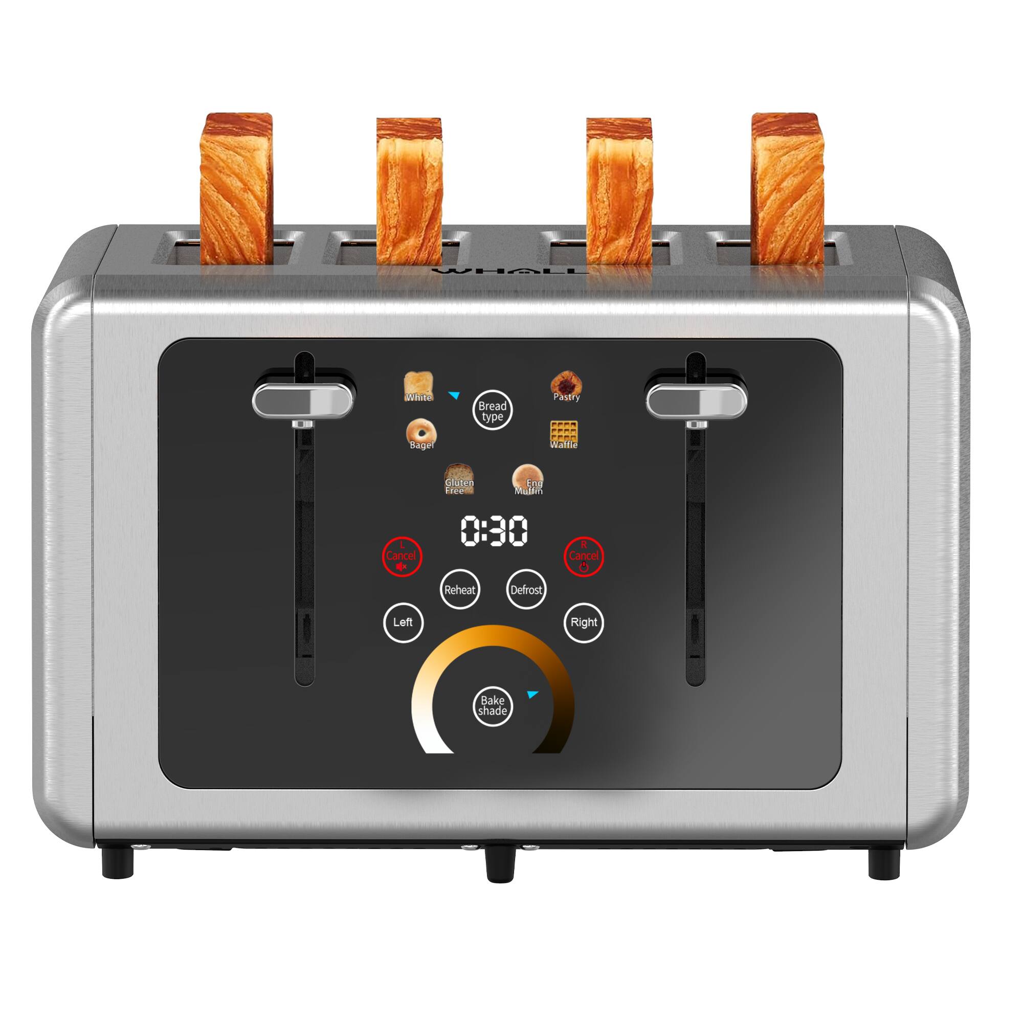 WHALL - Touchscreen Toaster 4 Slice - Stainless Steel, 6 Shade Settings, 1.5 Wide Slots - silvery