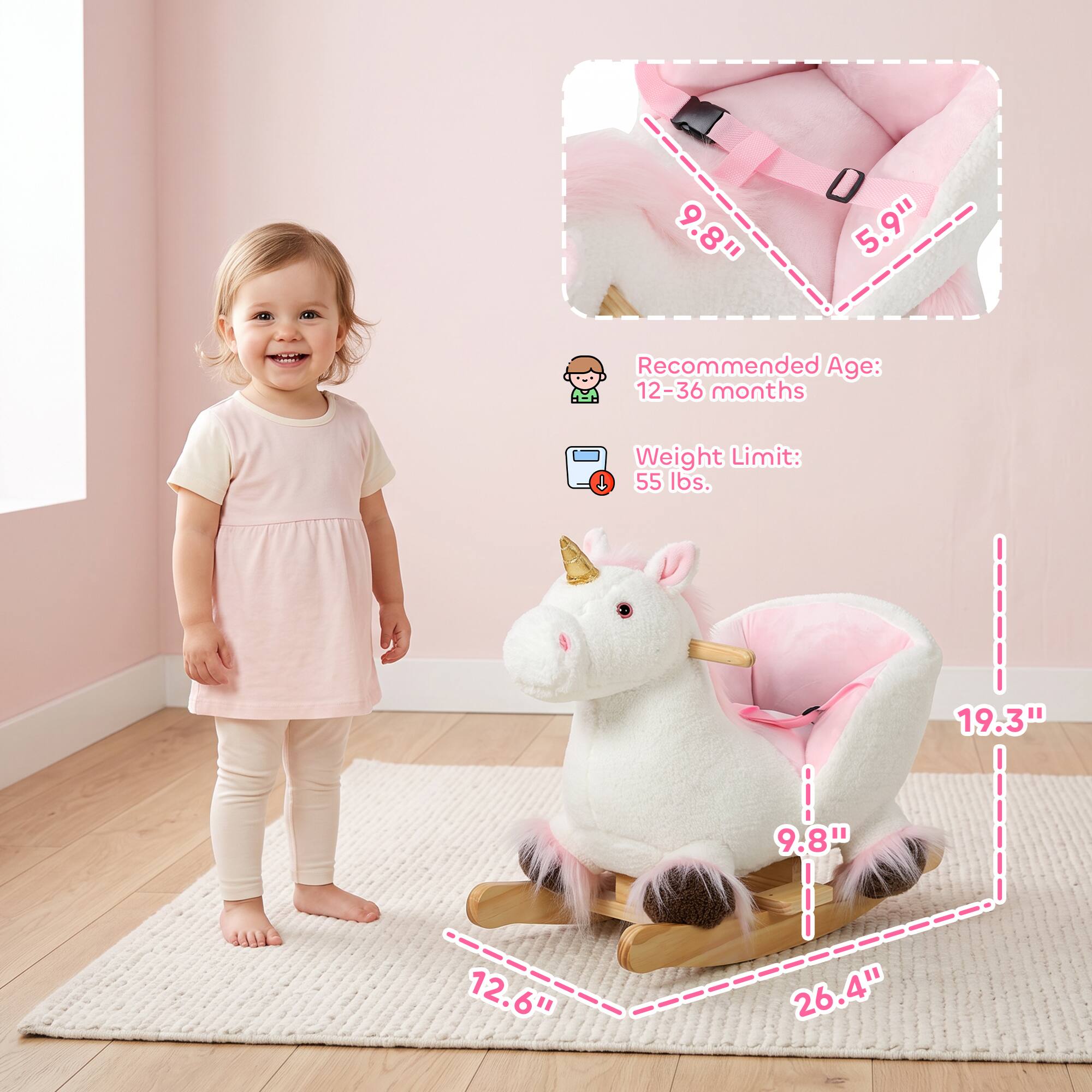9.8" 5.9" Recommended Age: 12-36 months Weight Limit: 55 lbs. 19.3" 9.8" 12.6" 26.4"
