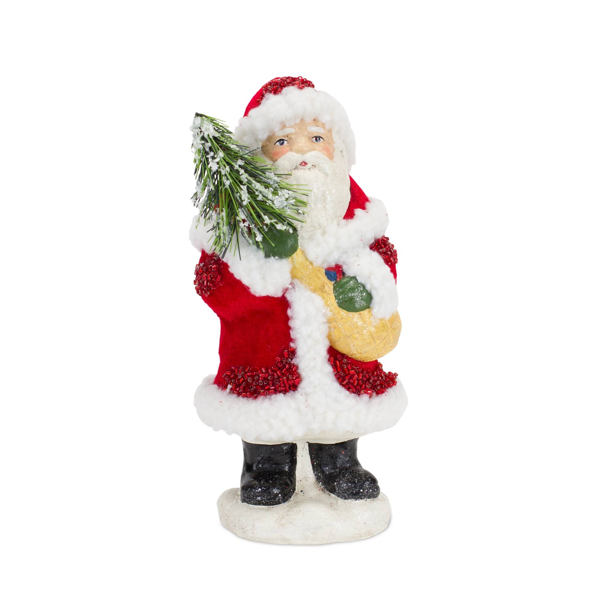 Angle. BreeBe - Santa Figurine with Pine Tree and Present Accents (Set of 3) - Red, White.