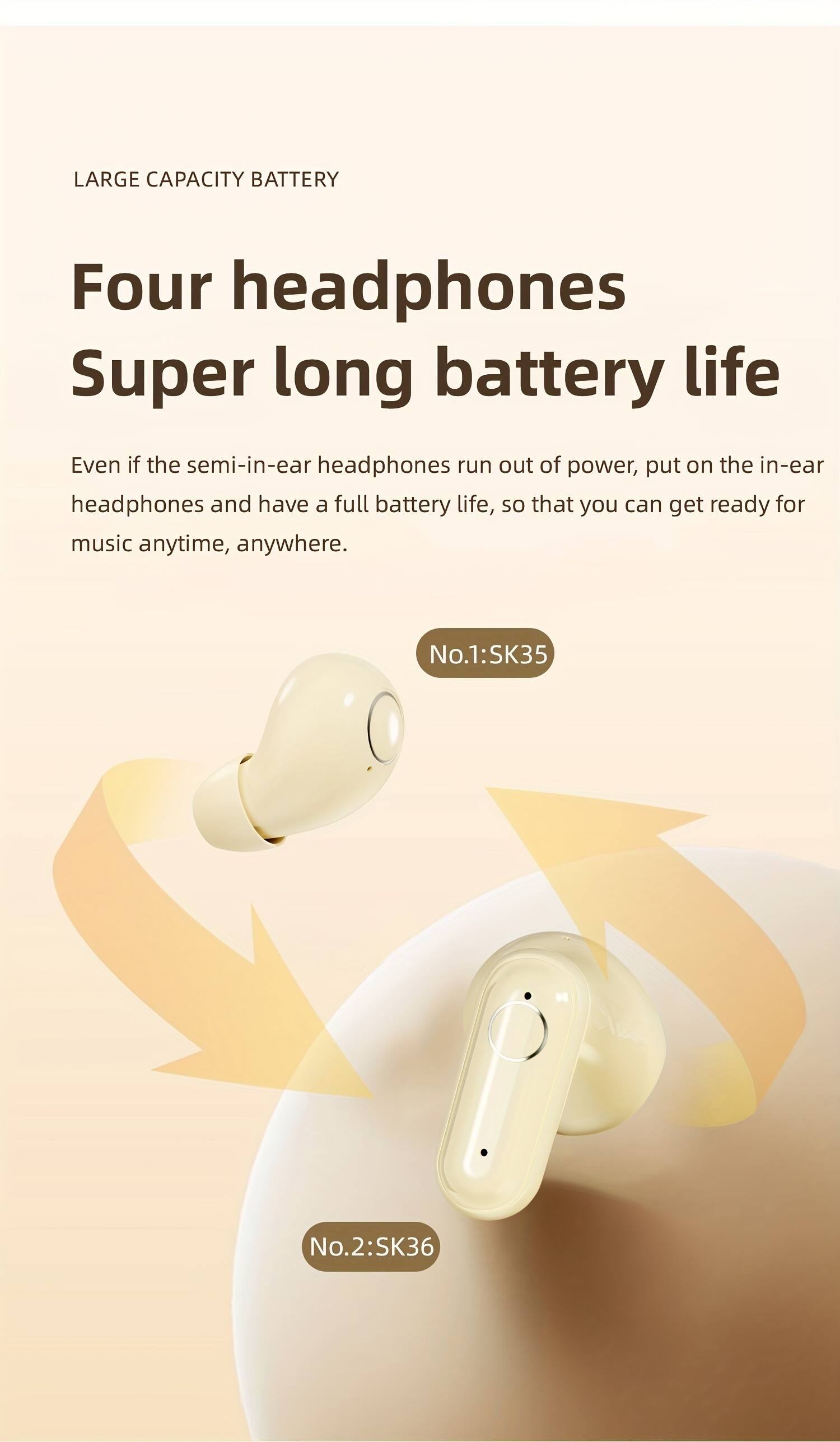 LARGE CAPACITY BATTERY

Four headphones  
Super long battery life

Even if the semi-in-ear headphones run out of power, put on the in-ear headphones and have a full battery life, so that you can get ready for music anytime, anywhere.

No.1: SK35  
No.2: SK36