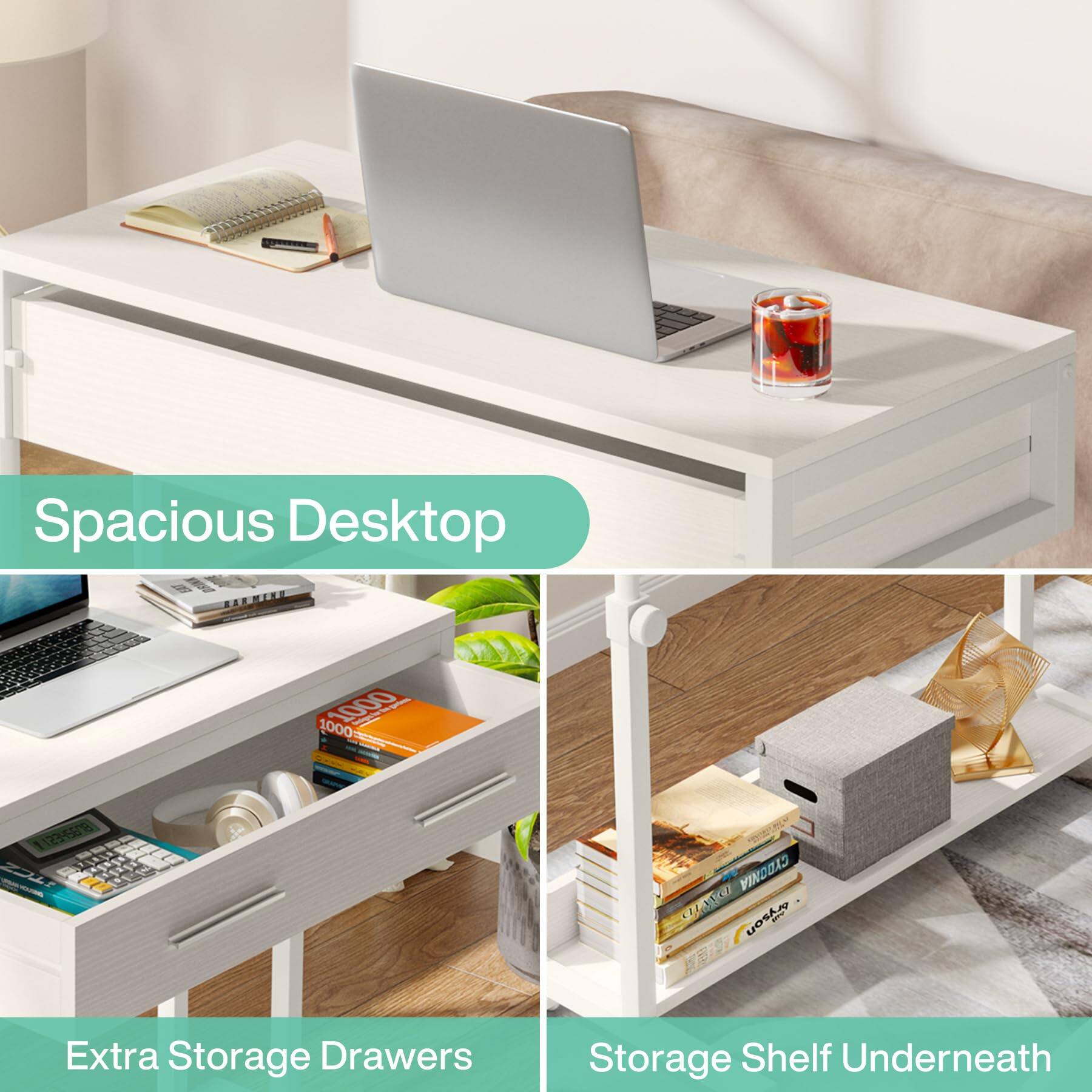 Spacious Desktop

Extra Storage Drawers

Storage Shelf Underneath