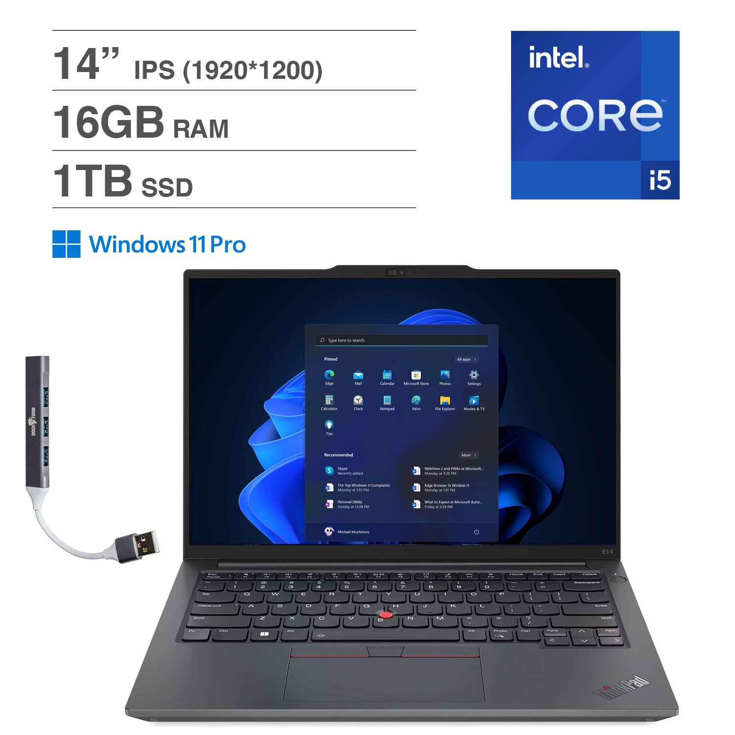 Lenovo - ThinkPad E14 Laptop 14.0 WUXGA (Intel i5-1335U, 16GB DDR4, 1TB M.2 PCIe SSD, Win 11 Pro) w/USB Hub - Graphite Black