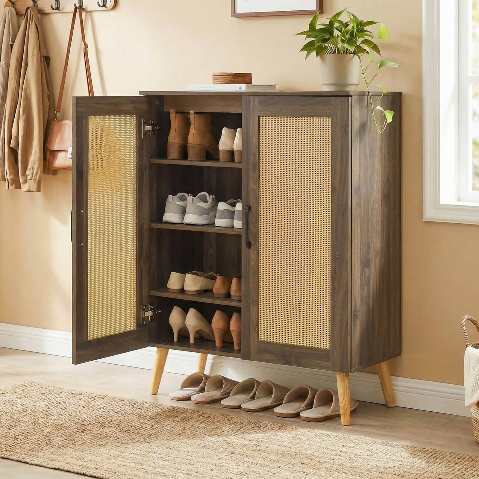 Alt View 1. Costway - Costway Rattan Shoe Cabinet with 3 Removable Shelves,5-Tier Narrow Cabinet Wood Legs - Walnut.