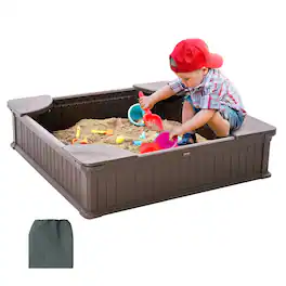 VEVOR - Sandbox with Cover, 48.6x48.6x12.4 in Square Sand Box, HDPE Sand Pit with 4 Corner Seating and Bottom Liner,Kids Sandbox - Brown