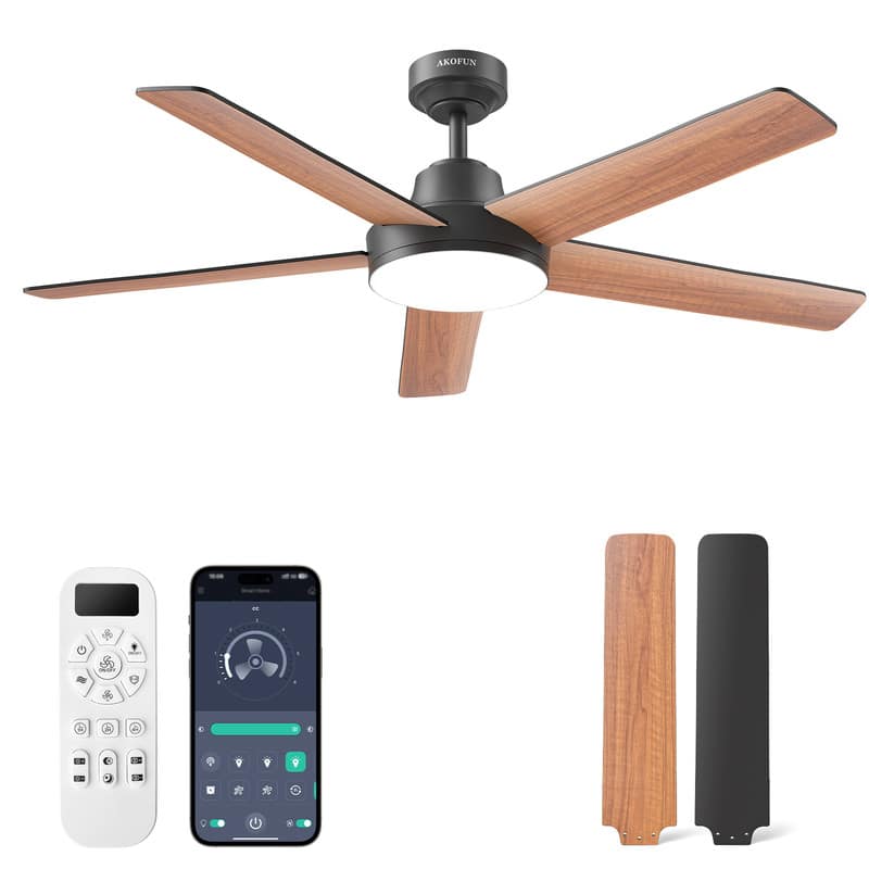 Front. Akofun - AKOFUN 52" Flush Mount Ceiling Fan w/Light, Remote & APP - 6 Speed, Dimmable LED, Timer for Bedroom/Living Room - Walnut.