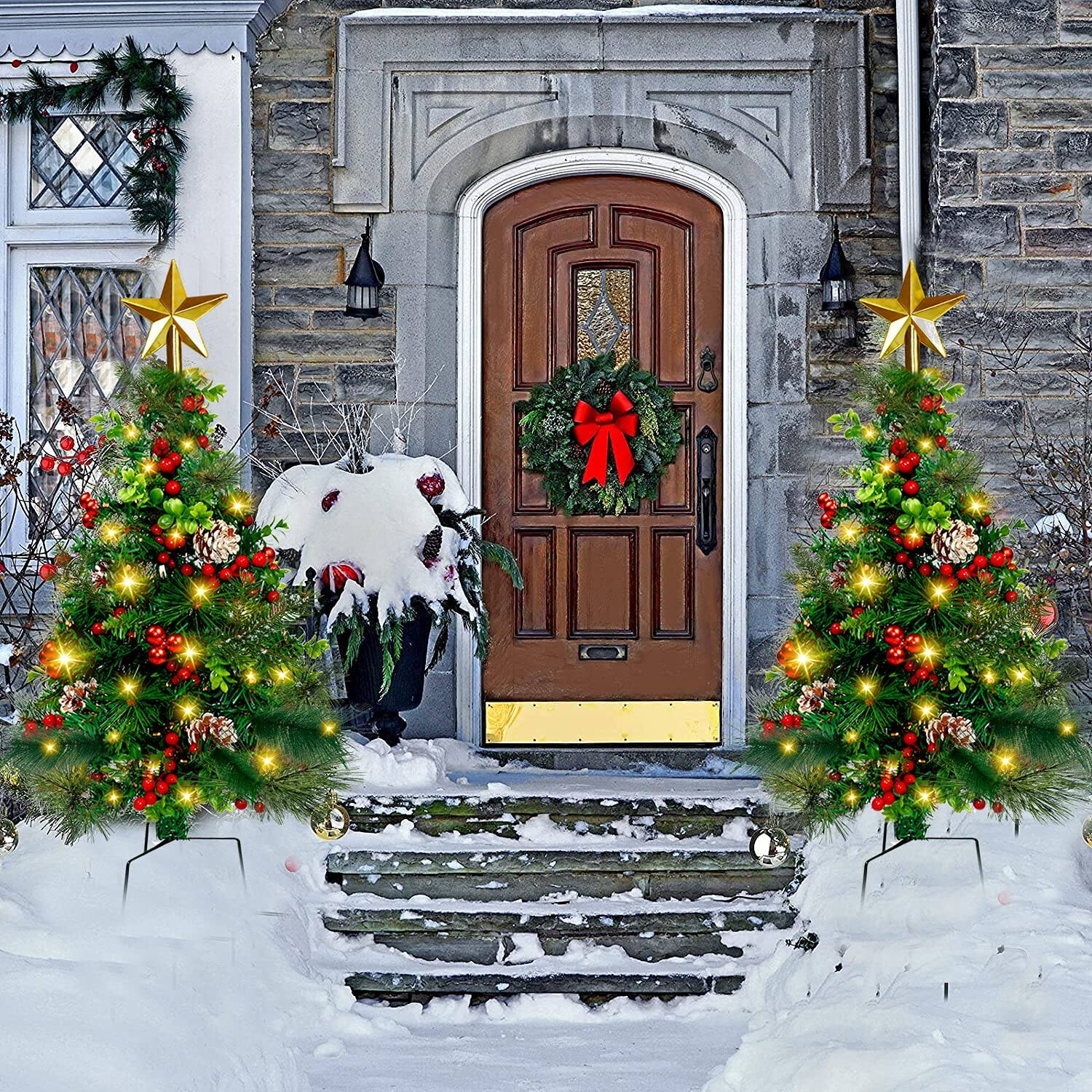 Alt View 3. TECH SAFARI - Outdoor Artificial Christmas Tree Lighted Porch Trees Outside Pathway Pine With Berries Ornaments For Grave... - Default.