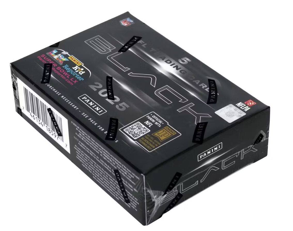 Sure, here is the corrected and grouped text from the image:

**Front:**
- SLASH
- 5 CARD PACK
- 2025
- PANINI
- OFFICIAL NFL NFTs
- PANINI BLOCKCHAIN
- PANINI

**Top:**
- SUPER BOWL REPORTER
- KID REPORTER
- REPORTER.COM
- PURCHASE NECESSARY - SEE INSIDE PACK
- 46134 18597

**Side:**
- PANINI
- NEIPA
- OFFICIAL NFL NFTs
- PANINI BLOCKCHAIN
- PANINI

**Barcode Area:**
- 46134 18597
- PANINI
- PURCHASE NECESSARY - SEE INSIDE PACK

**Other:**
- NFL
- PANINI
- NEIPA