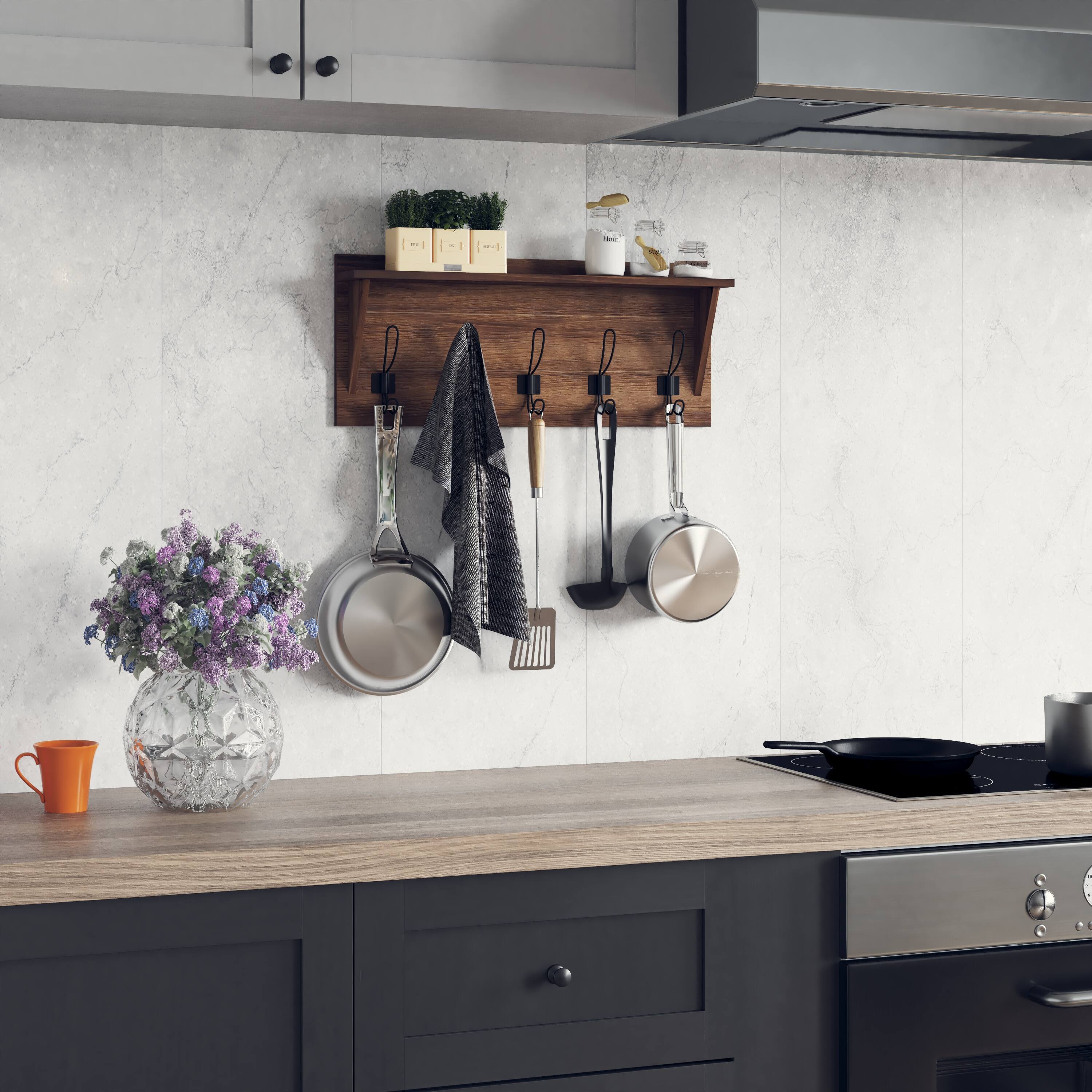 Alt View 3. Emma + Oliver - Alcott Rustic Country Wall Mounted Entryway Shelf with 5 Rustic Hooks and Wood Construction - Rustic Brown.