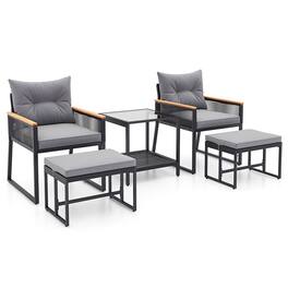 Boyel Living - 5 Piece Outdoor Rattan Conversation Set with 2-Layer Side Table and 2 Ottomans - Gray