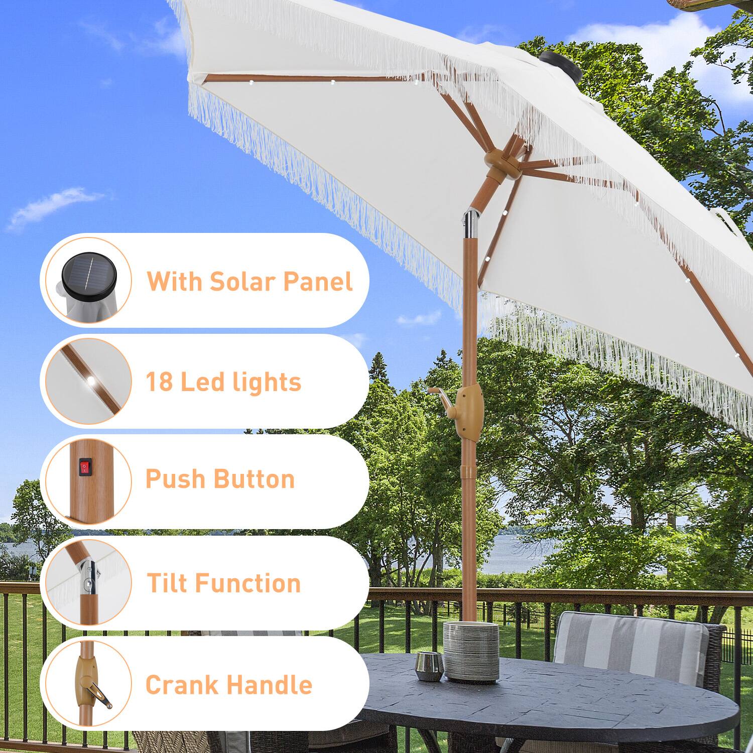 With Solar Panel  
18 Led lights  
Push Button  
Tilt Function  
Crank Handle