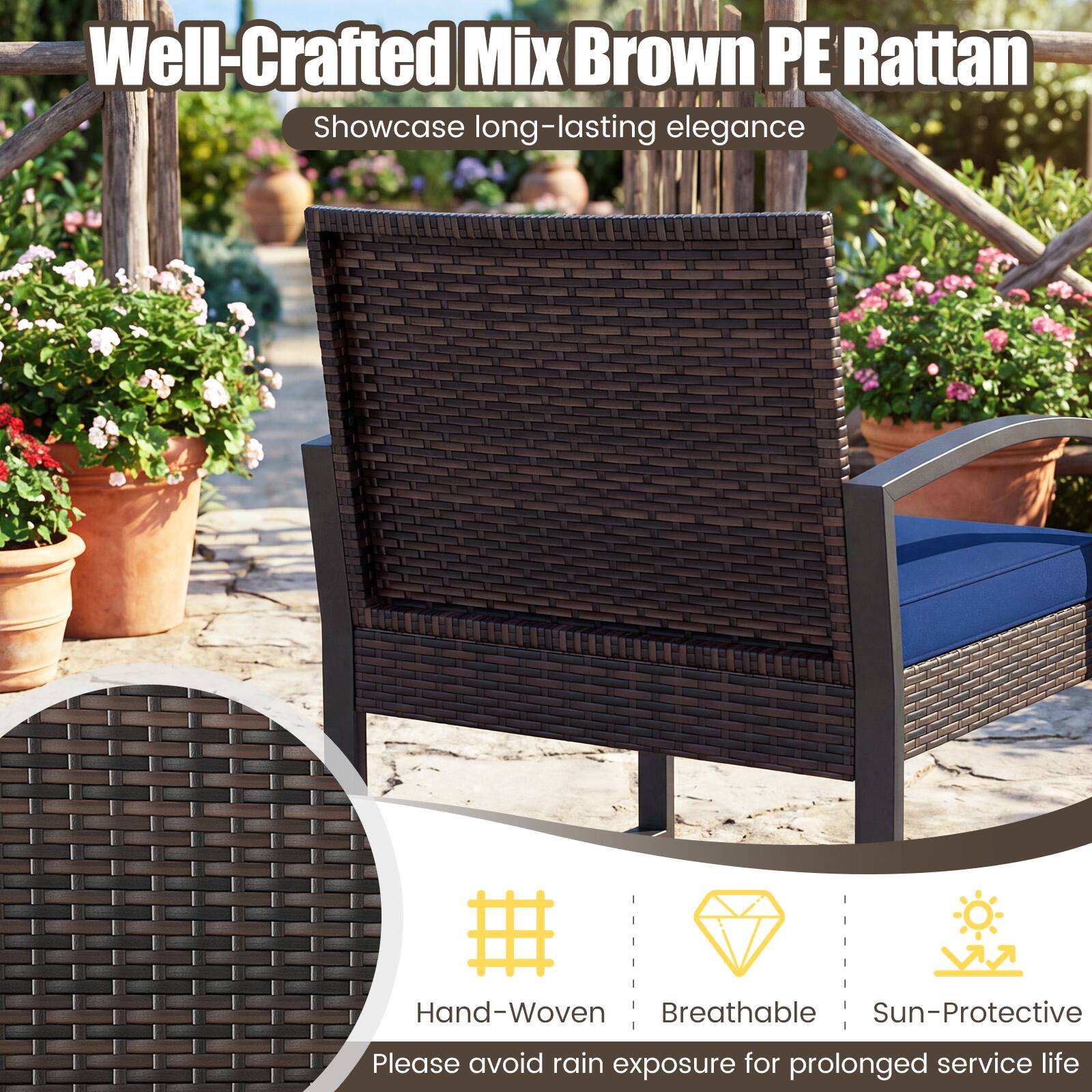 Well-Crafted Mix Brown PE Rattan  
Showcase long-lasting elegance  

Hand-Woven  
Breathable  
Sun-Protective  

Please avoid rain exposure for prolonged service life
