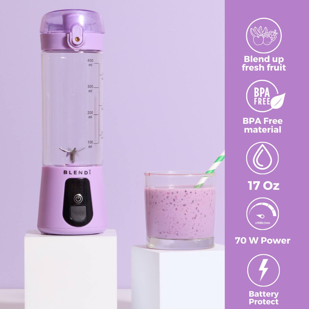 - Blend up fresh fruit
- 400 ml
- 300 ml
- 200 ml
- 100 ml
- FREE
- BPA Free material
- BLEND 17 Oz
- 1000r/min
- 70 W Power
- Battery Protect