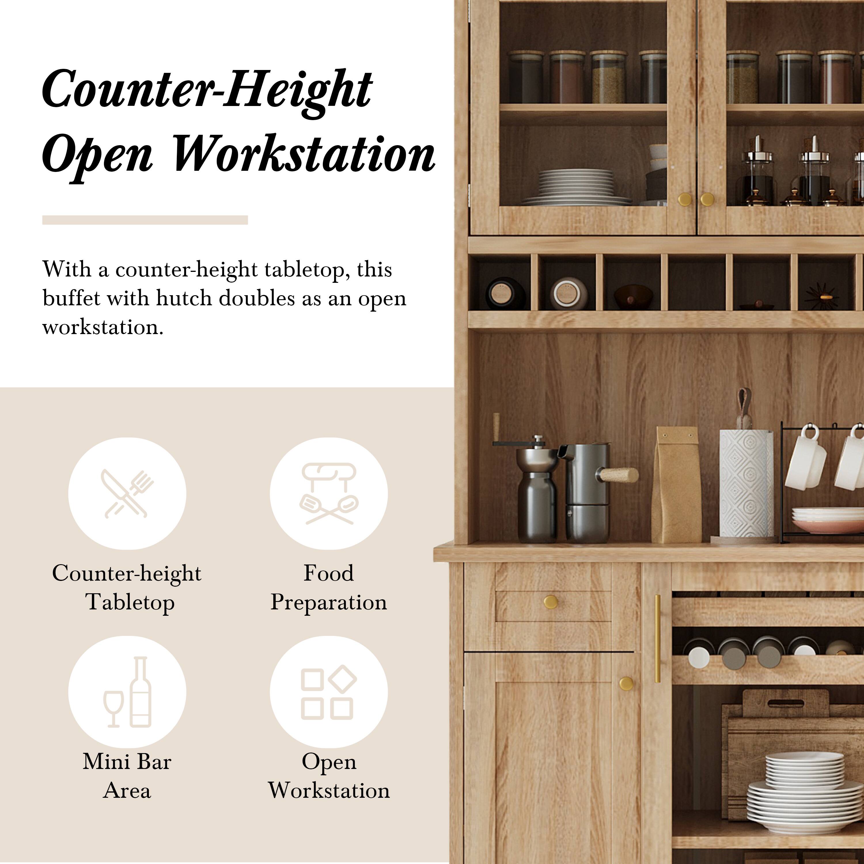 Counter-Height Open Workstation

With a counter-height tabletop, this buffet with hutch doubles as an open workstation.

- Counter-height Tabletop
- Food Preparation
- Mini Bar Area
- Open Workstation