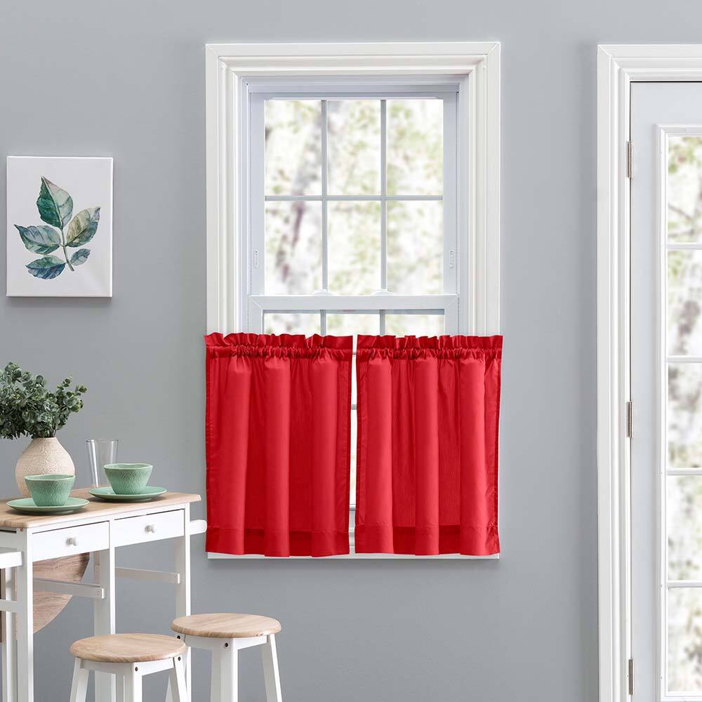 Angle. Ellis Curtain - Ellis Stacey 1.5" Rod Pocket Fabric Solid Color Window Tailored Tier Pair 56"x45" Red - Red.