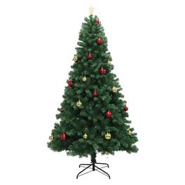 Jojoka - 7ft Pre-Lit Artificial Christmas Tree with Baubles & Remote, Full Pine Tree with Metal Stand - Green