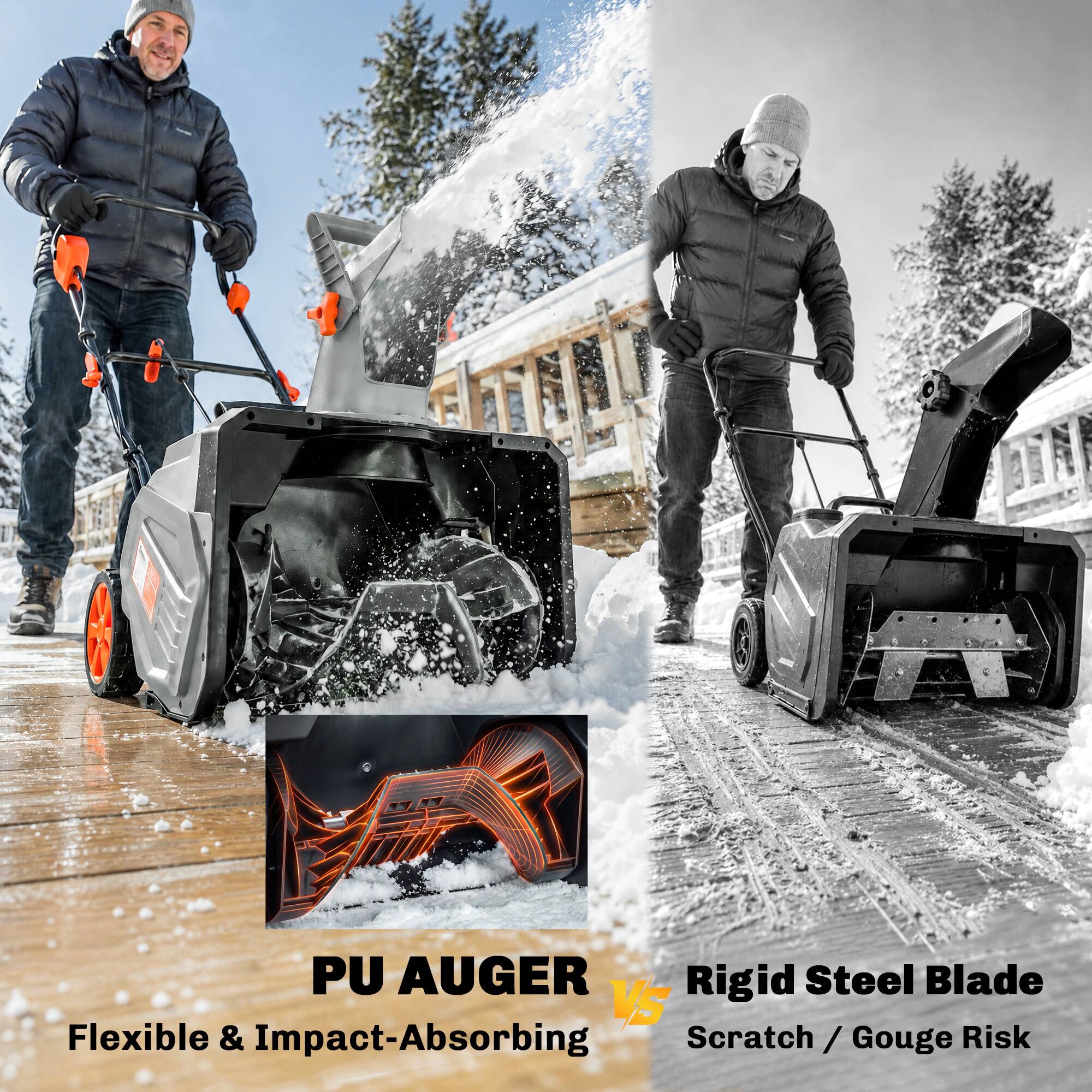 PU AUGER  
Flexible & Impact-Absorbing  
vs  
Rigid Steel Blade  
Scratch / Gouge Risk