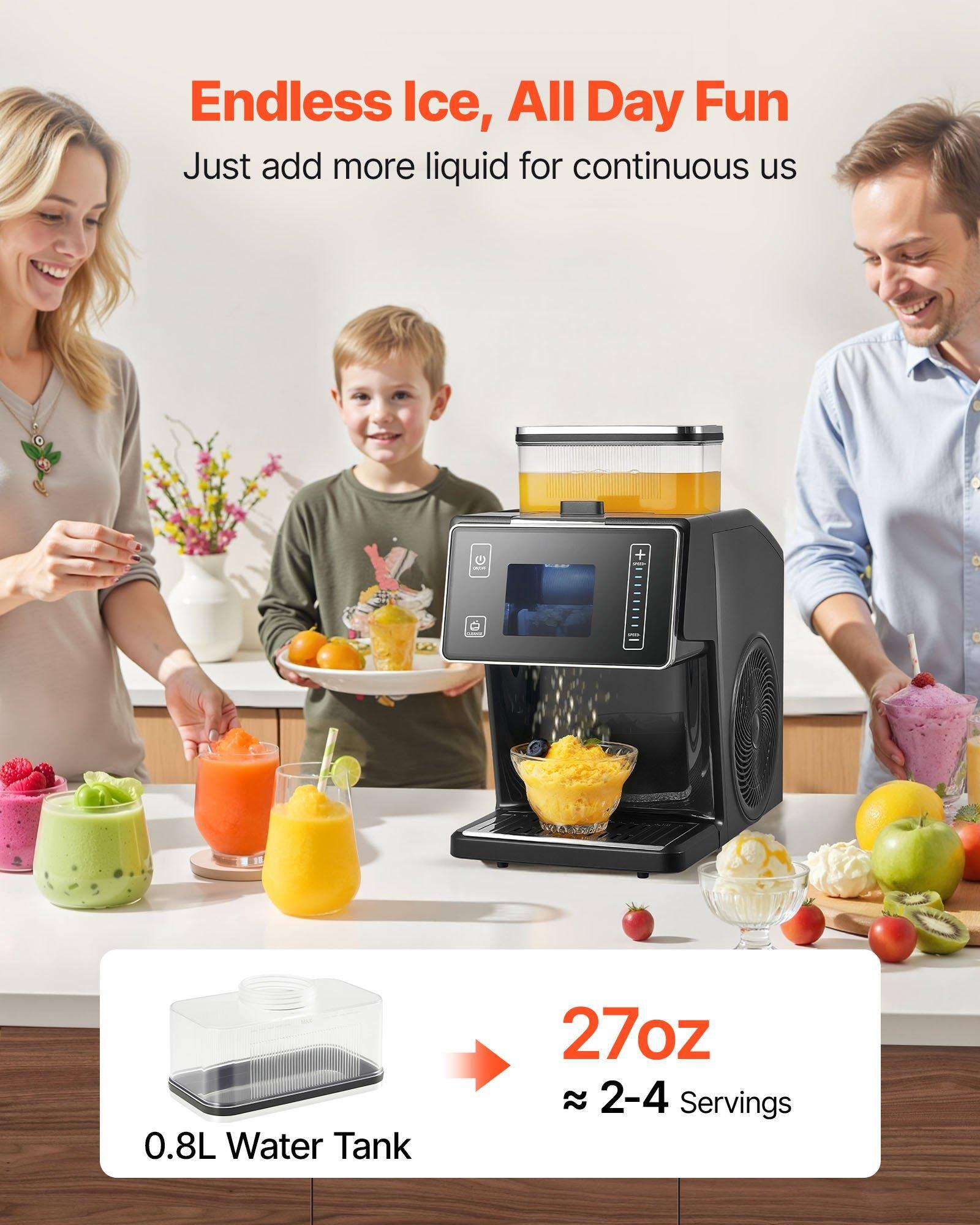 Endless Ice, All Day Fun  
Just add more liquid for continuous use  

0.8L Water Tank  
27oz ≈ 2-4 Servings