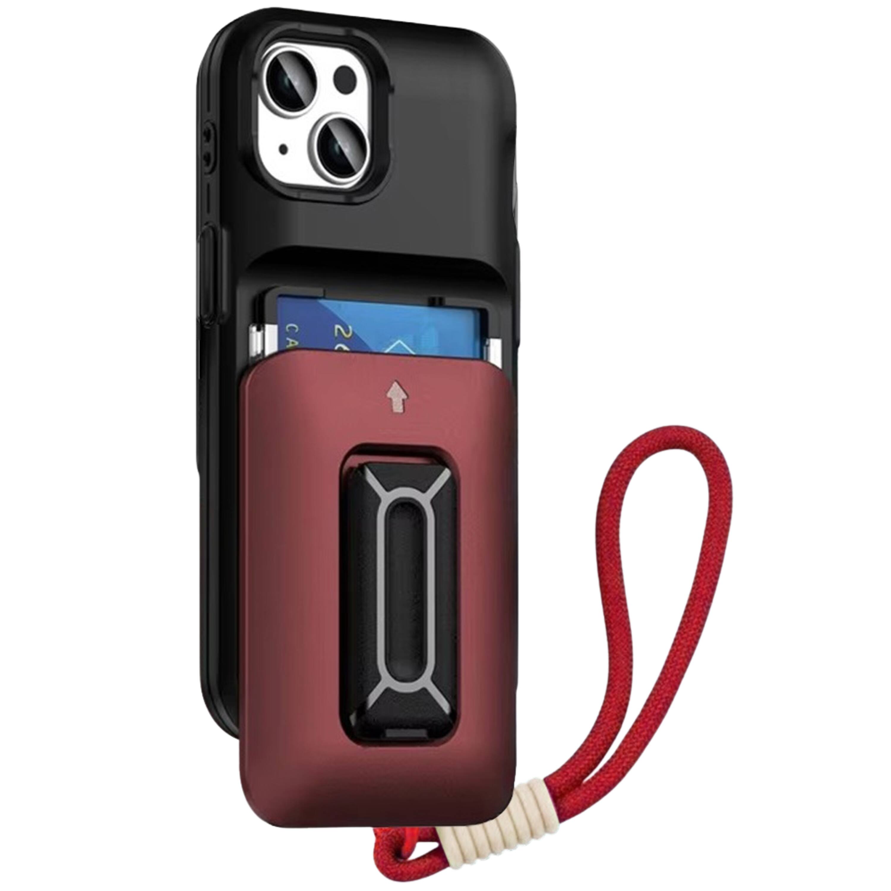 Angle. Kitcheniva - Card Holder Kickstand And Strap Phone Case With Tempered Glass For iPhone 13/14 Black Red - Black And Red.