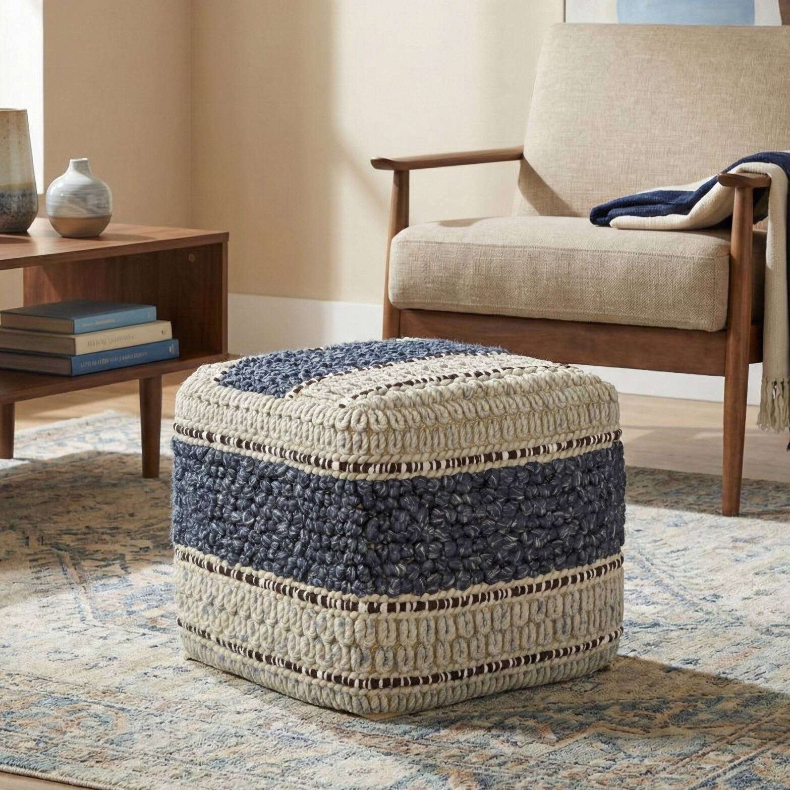 Angle. Simpli Home - Grady 18 inch Wide Wool and Cotton Square Pouf Ottoman, Natural and Blue Stripe - Natural/Blue Stripe.