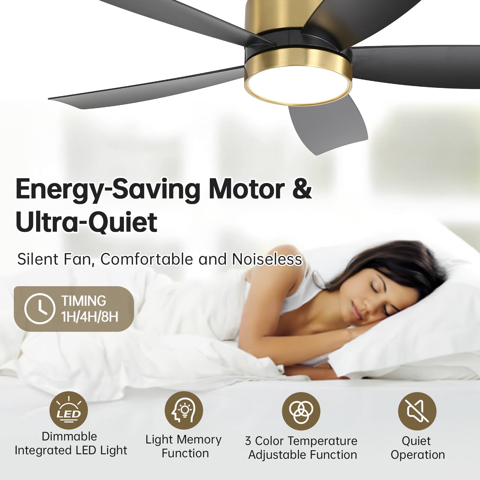 Energy-Saving Motor & Ultra-Quiet

Silent Fan, Comfortable and Noiseless

TIMING
1H/4H/8H

Dimmable Integrated LED Light

Light Memory Function

3 Color Temperature Adjustable Function

Quiet Operation