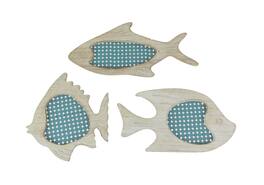 Zeckos - Set of 3 Blue and White Wood and Metal Mesh Fish Wall Hangings - Multicolored