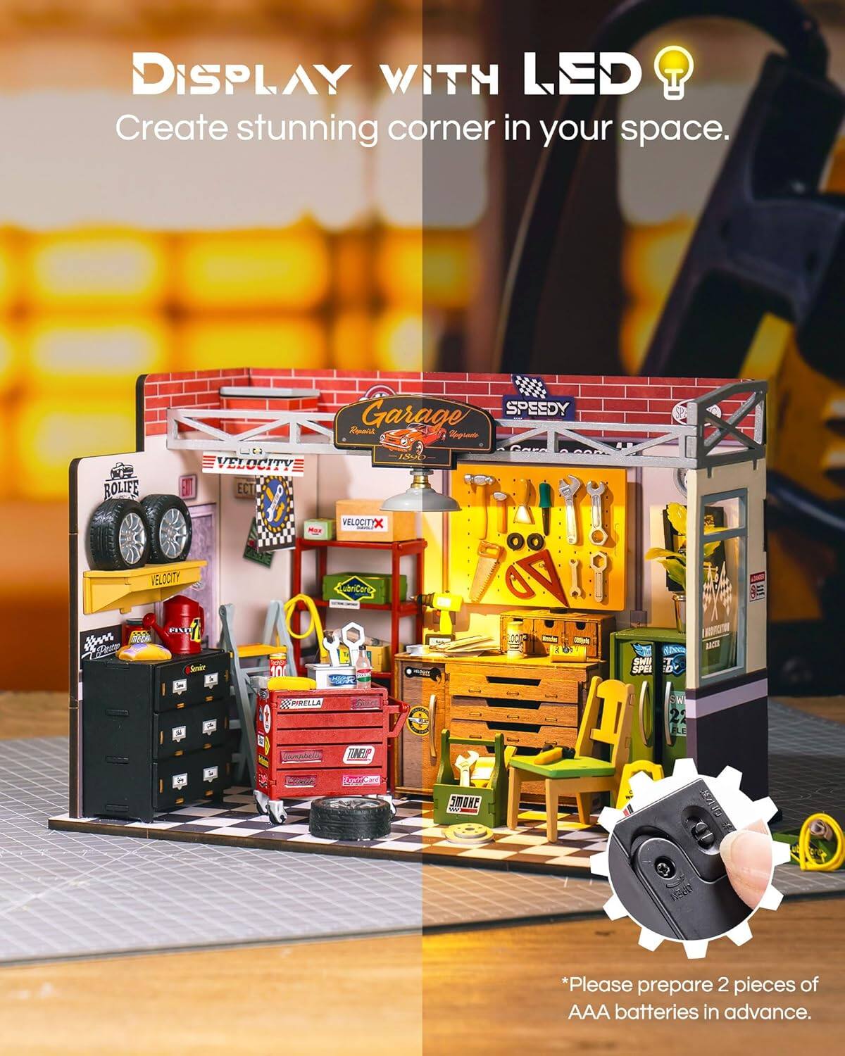 DISPLAY WITH LED  
Create stunning corner in your space.  

Garage  
SPEEDY  
ROLIFE  
VELOCITY  
VELOCITY X  
VELOCITY ECT  
LanCar  
SMI Service  
PIRELLI  
TAEP  
La SMONE  

*Please prepare 2 pieces of AAA batteries in advance.