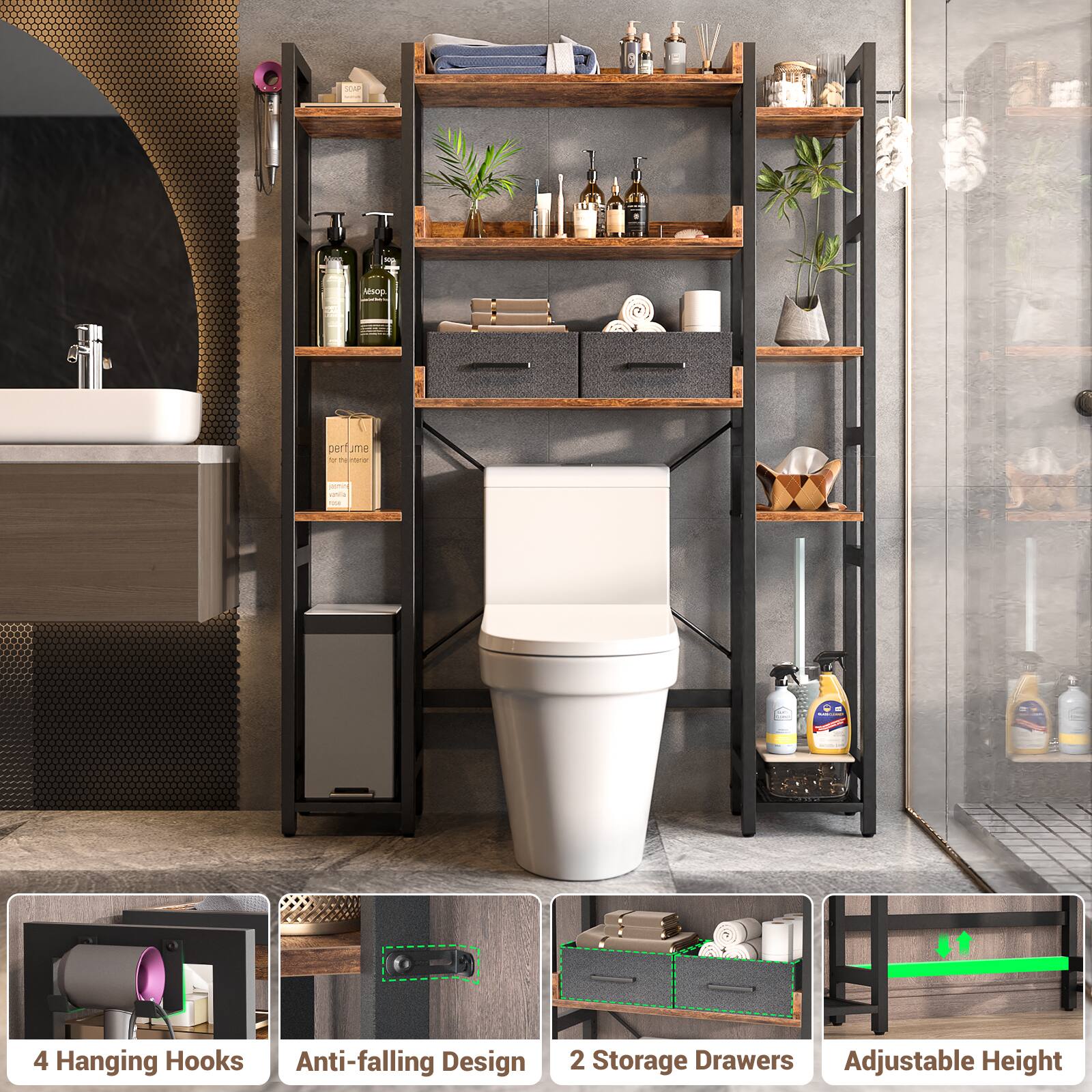 AR ADHOP perf JTH - 5 - . - - - 4 Hanging Hooks Anti-falling Design 2 Storage Drawers Adjustable Height