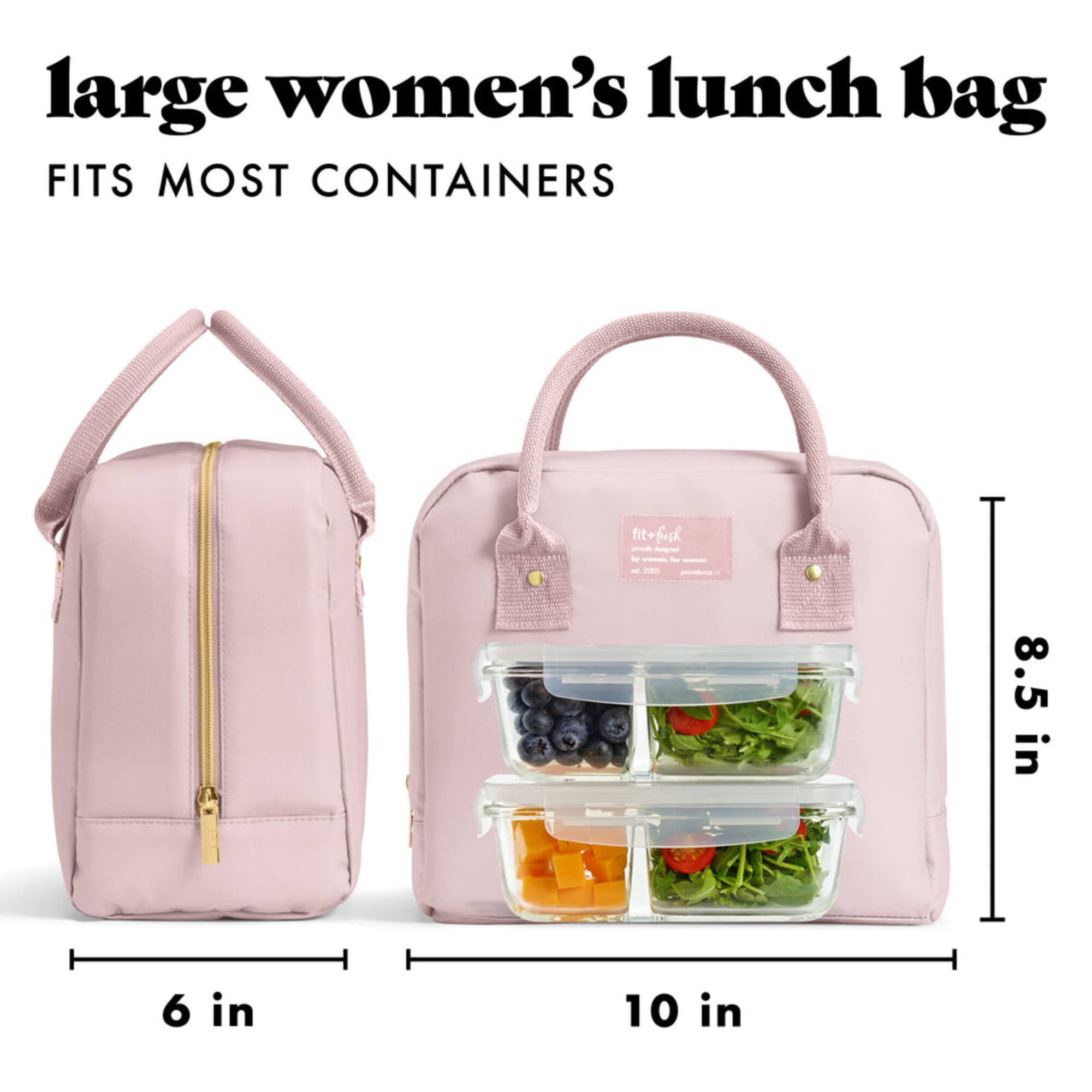 large women's lunch bag  
FITS MOST CONTAINERS  

fit+fish  

8.5 in  
6 in  
10 in